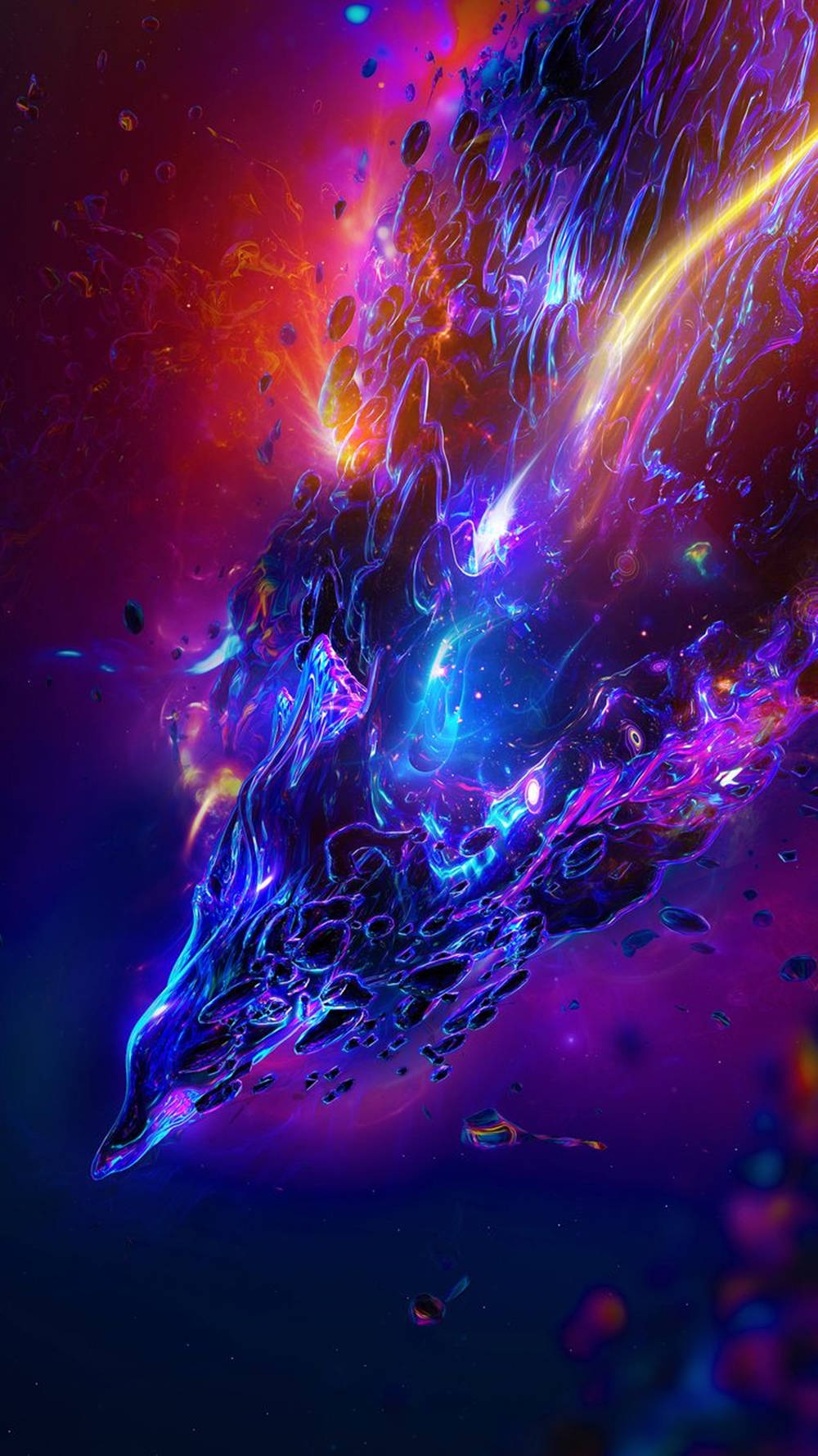 iPhone 桌布 壁紙 — 一條由發光霓虹流體組成的宇宙龍，劃過充滿紫色、橙色和藍色的鮮豔星雲。