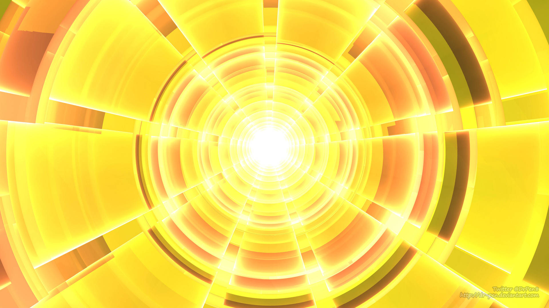 Yellow Aesthetic 桌布 壁紙 — 一條由發光黃色和橙色同心圓組成的輻射隧道，匯聚到明亮的白色中心。