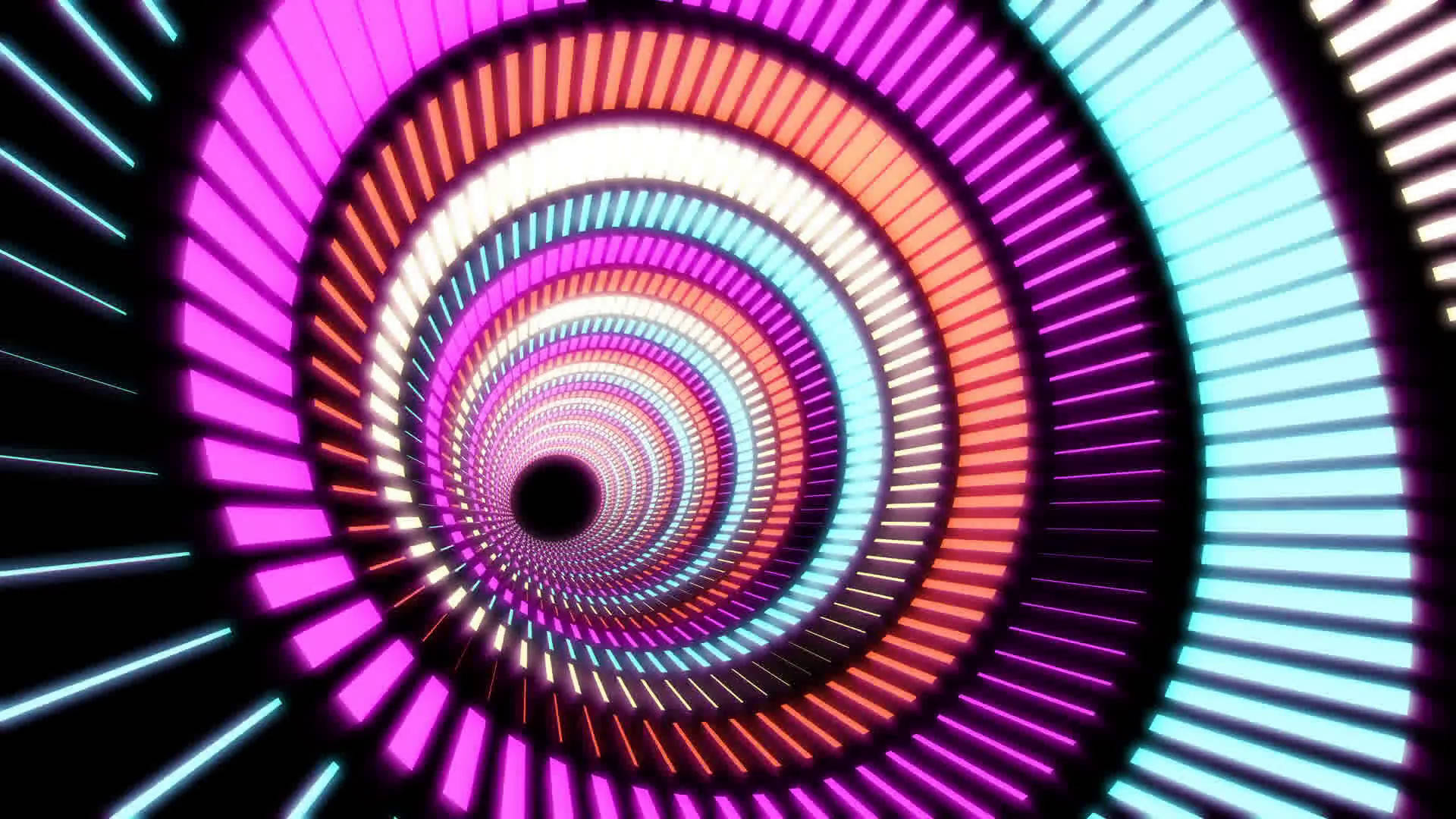 Hypnosis 桌布 壁紙 — 一條由粉紅色、橙色和青色發光霓虹條紋組成的迷人螺旋隧道，逐漸消失在黑暗中。