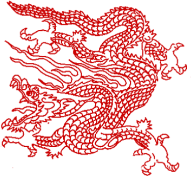中國龍 桌布 壁紙 — 一條由複雜珠飾製成的鮮紅色龍，在純黑背景上動態盤繞。