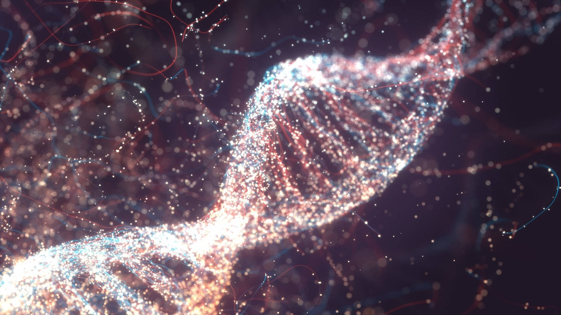 在黑暗太空中由閃爍粒子組成的發光DNA鏈 — 化學 GIF 壁紙