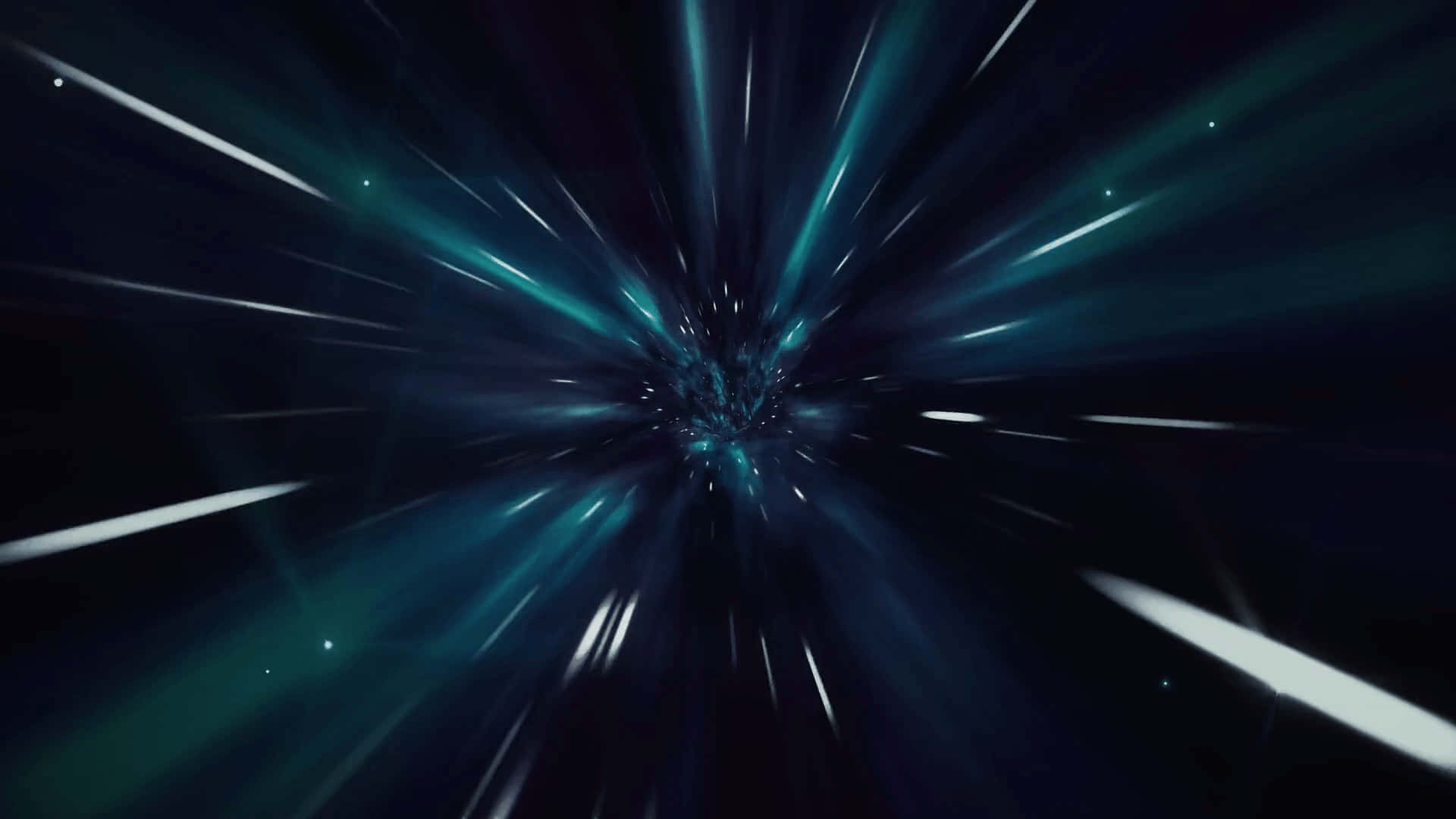 Interstellar Travel 桌布 壁紙 — 一條由青綠色和白色光條組成的宇宙隧道，從中央漩渦向外延伸，背景是黑暗虛空。