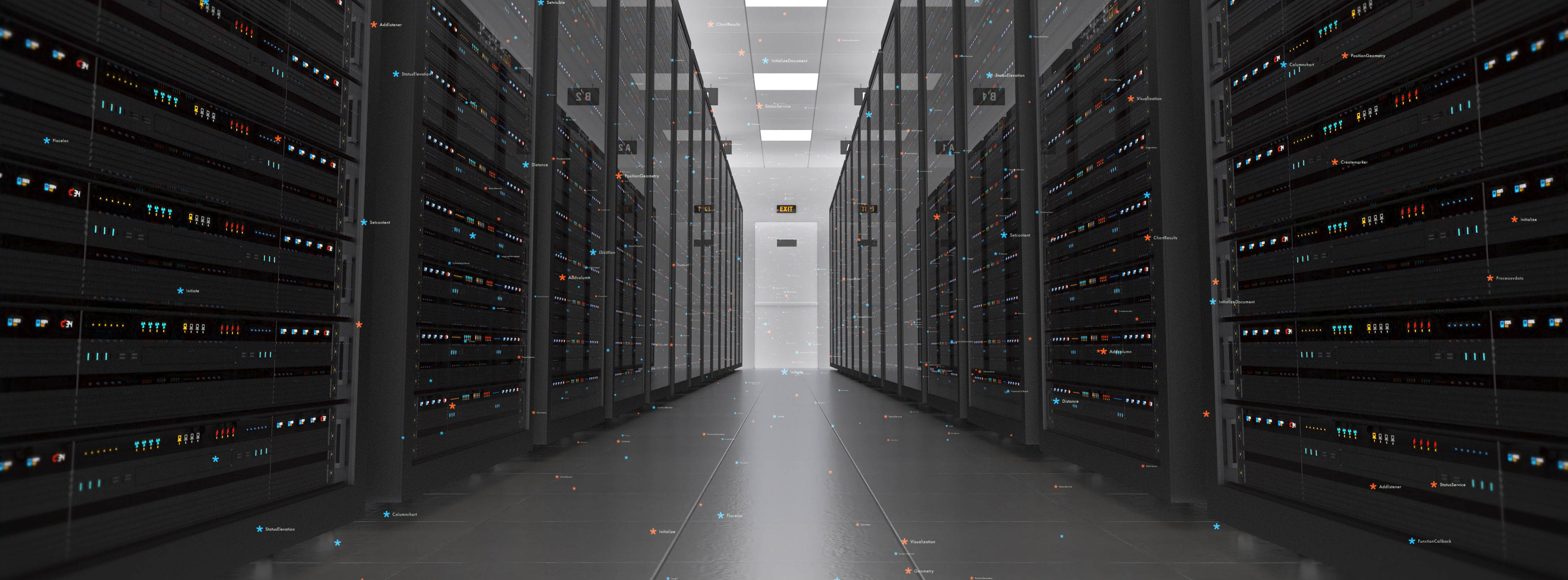 data 桌布 壁紙 — 一條由黑色伺服器機架組成的長廊，帶有發光的指示燈，延伸到現代數據中心明亮遙遠的盡頭。