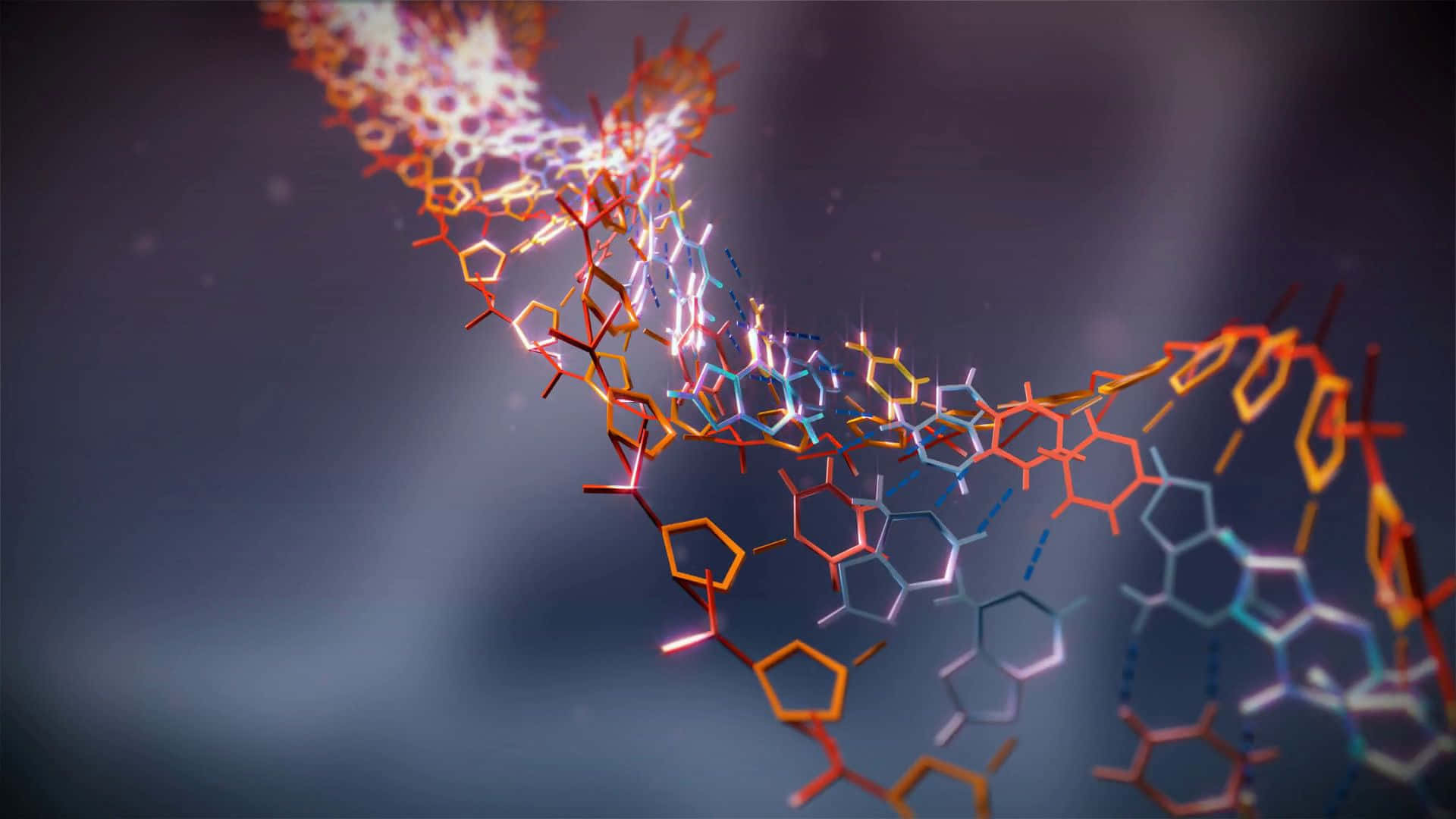 科學 桌布 壁紙 — 一條發光、複雜的分子鏈在黑暗空間中螺旋，其原子以鮮豔的橙色和藍色色調呈現。