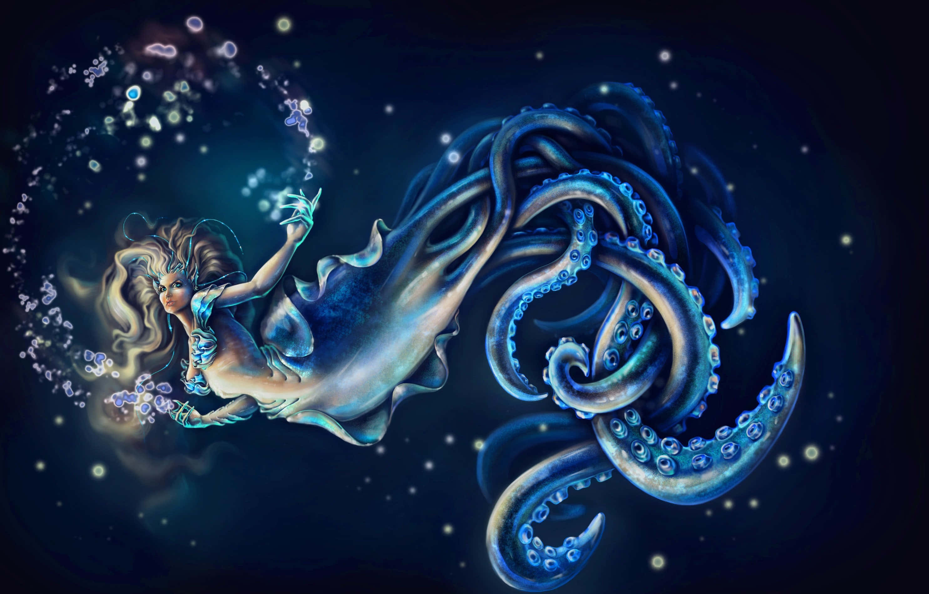 paint 桌布 壁紙 — 一條發光的人魚，擁有飄逸的頭髮和章魚觸手，在星光燦爛的宇宙海洋中滑行，留下發光的氣泡。