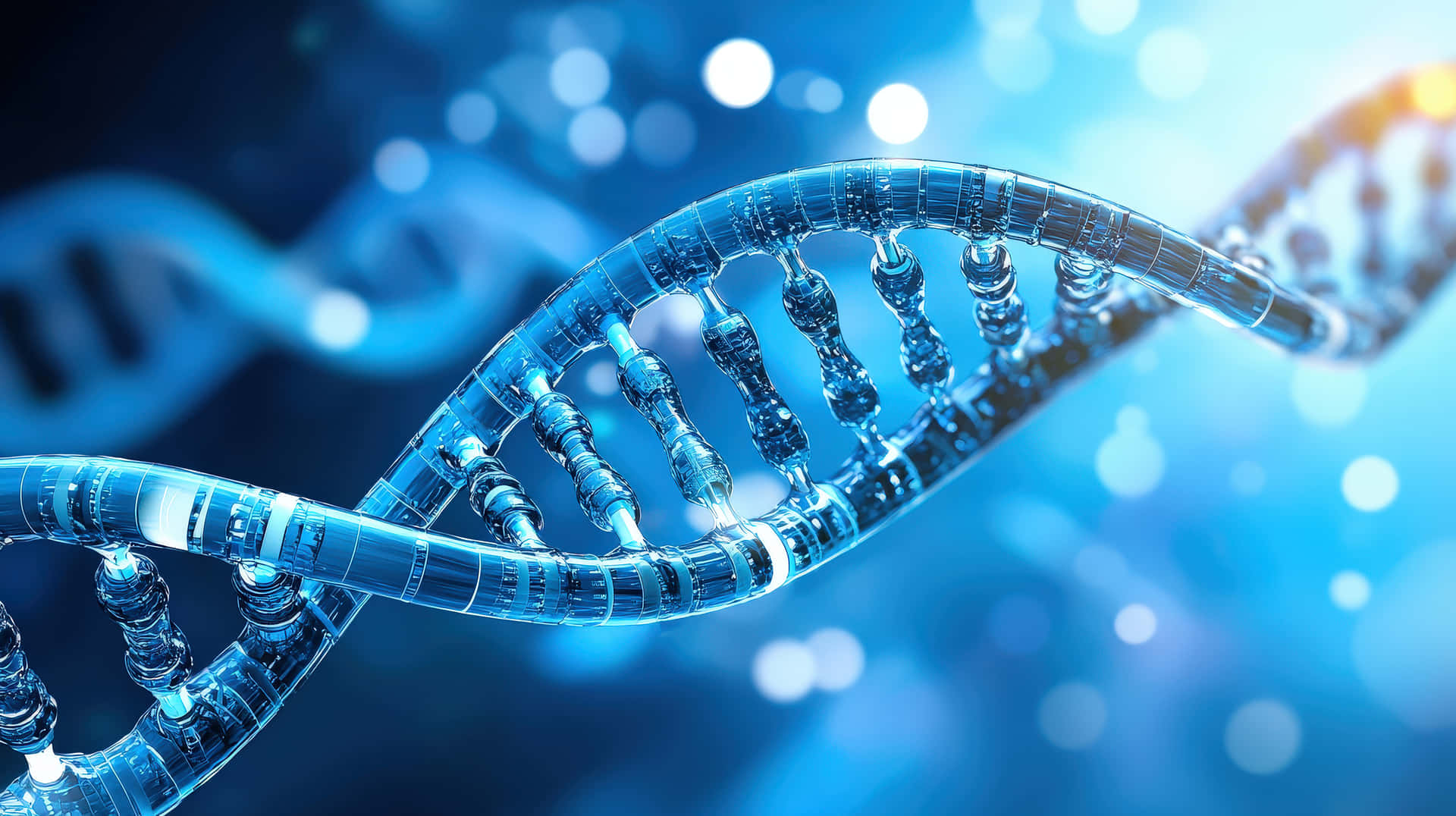 Futuristic Digital DNA Strand with Glowing Blue Molecular Structure 壁紙 — 一條發光的半透明藍色DNA雙螺旋在柔和模糊的未來感背景中盤旋。