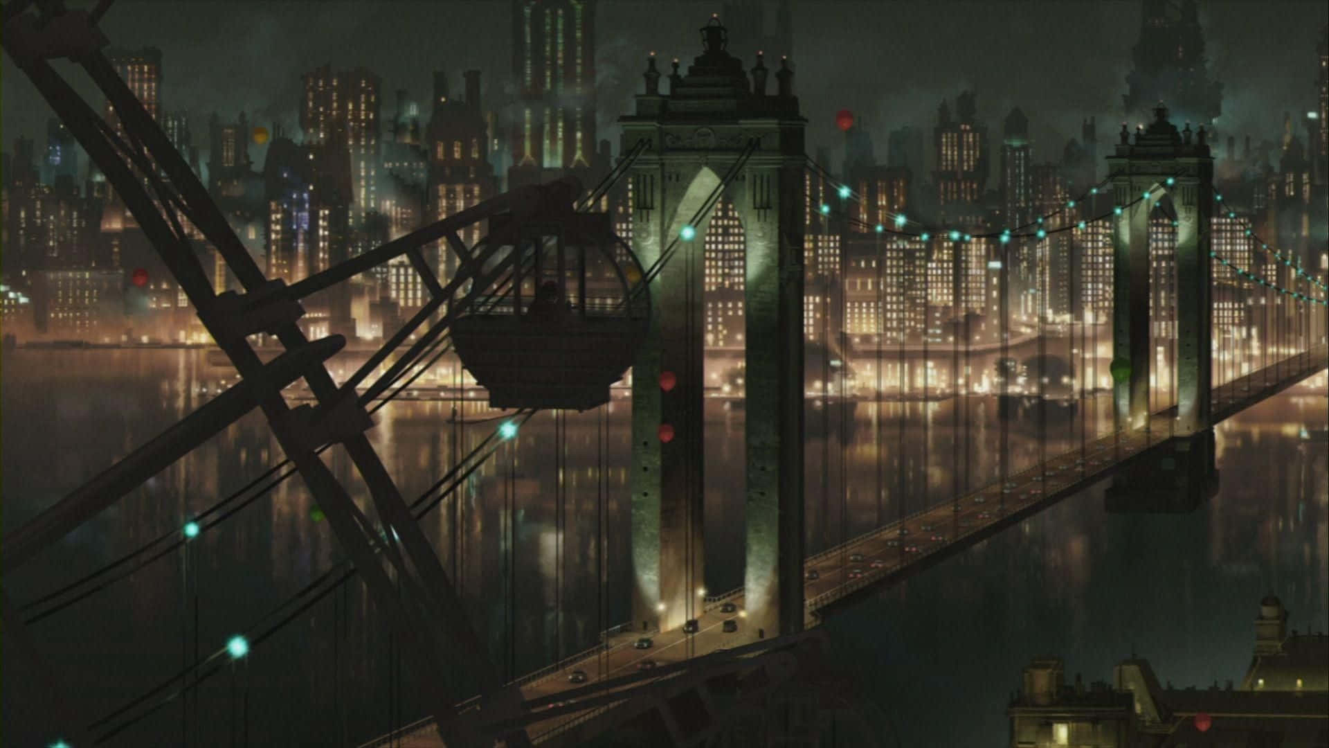 Gotham City 桌布 壁紙 — 一條發光的吊橋橫跨漆黑的河流，背景是雨夜天空下燈火通明的摩天大樓城市景觀。