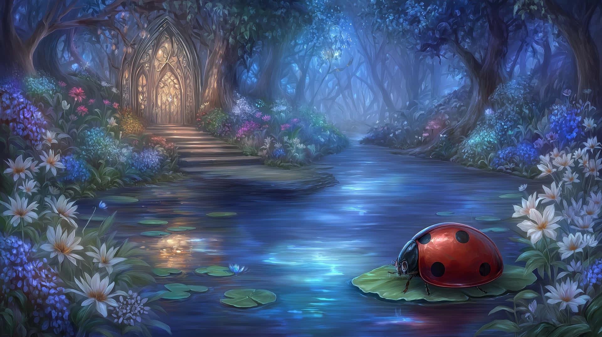 Ladybug on Lily Pad in Magical Forest with Glowing Gate 壁紙 — 一條發光的哥德式拱門位於一條穿過神秘藍色森林的石徑盡頭，一隻瓢蟲棲息在反射溪流旁的睡蓮葉上。