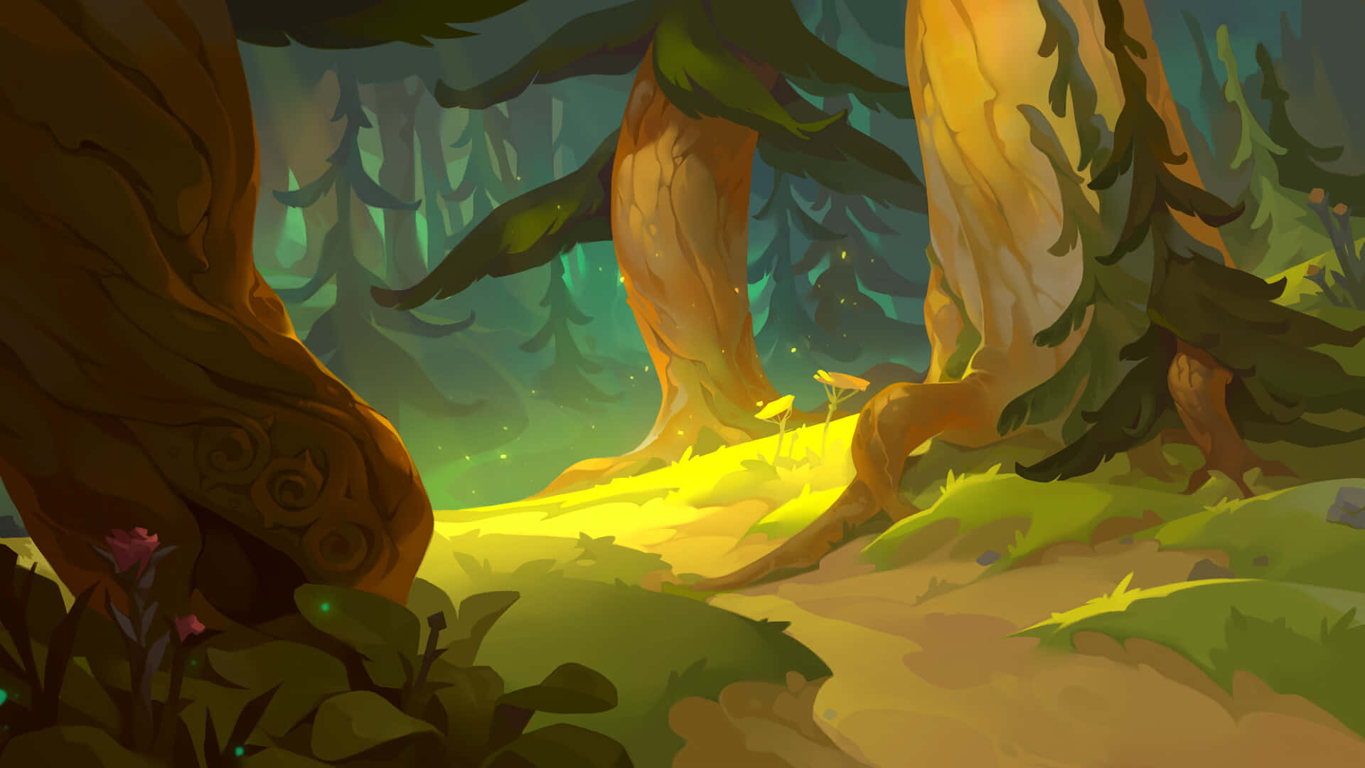 Cartoon Forest 桌布 壁紙 — 一條發光的小徑蜿蜒穿過神秘的森林，古樹參天，柔和綠光穿過茂密樹葉。