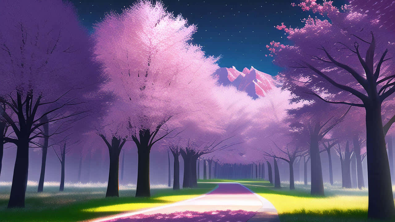 Cherry Blossoms Anime Scenery 桌布 壁紙 — 一條發光的小徑蜿蜒穿過粉紅色櫻花樹林，在繁星點點的夜空下，遠處是白雪覆蓋的山峰。