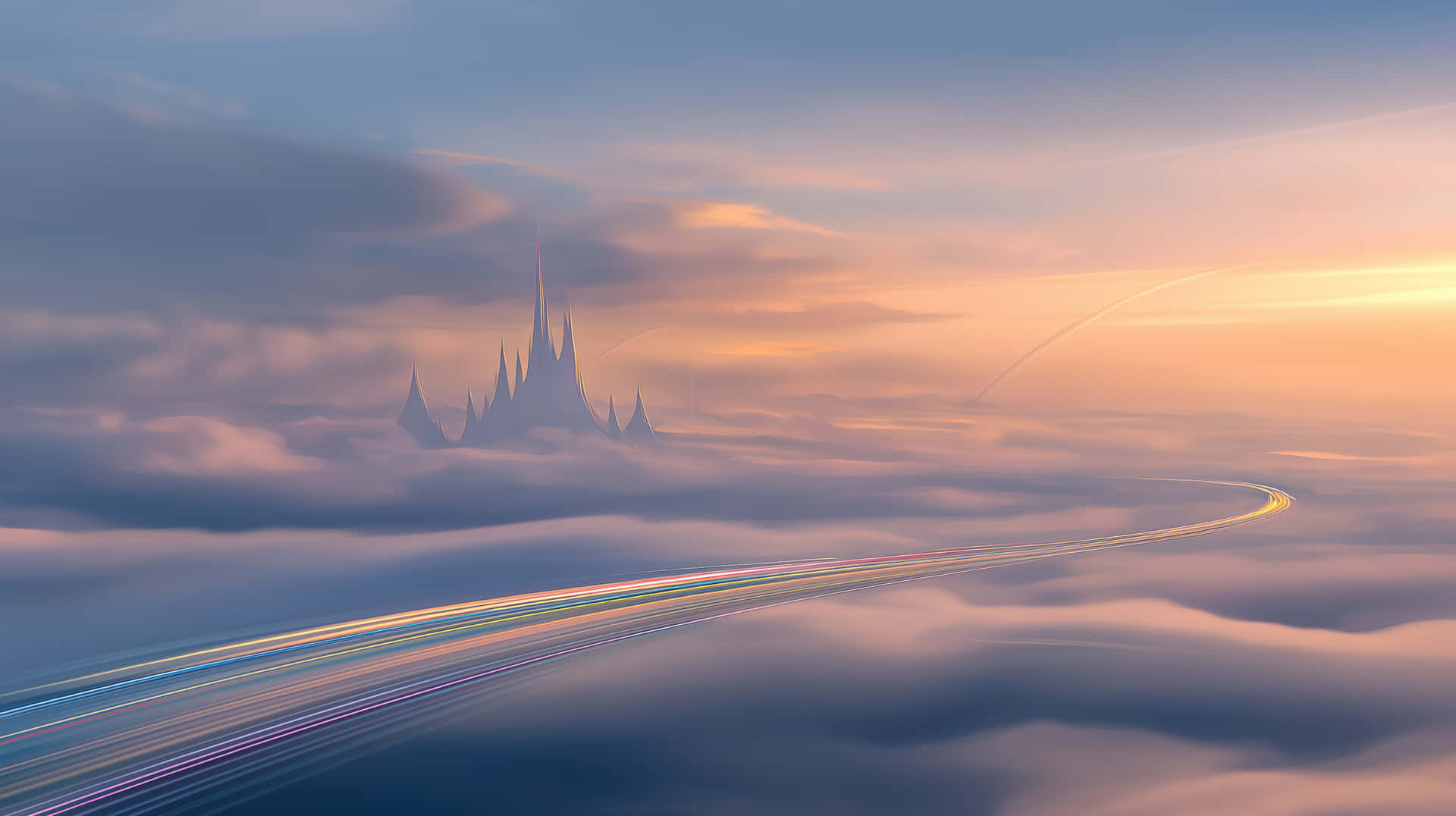 Path to Dreamland: Castle Beyond Cloud Road 壁紙 — 一條發光的彩色道路蜿蜒穿過柔軟的雲層，通往遠方尖頂的城堡，背景是粉彩色的日落天空。