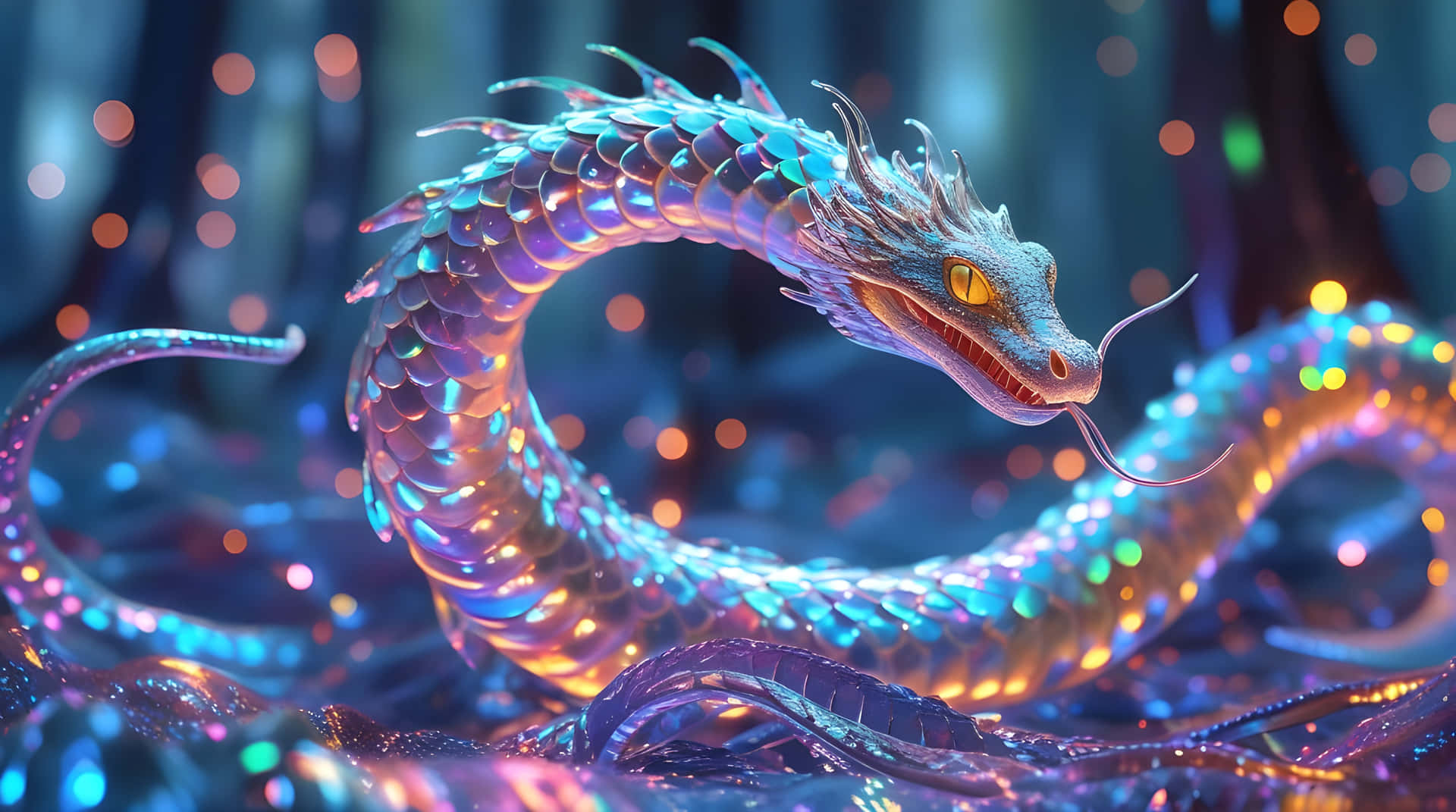 The beautiful majestic snake 壁紙 — 一條發光的彩虹龍在神秘的森林環境中，在閃爍的散景燈光中優雅地盤繞。
