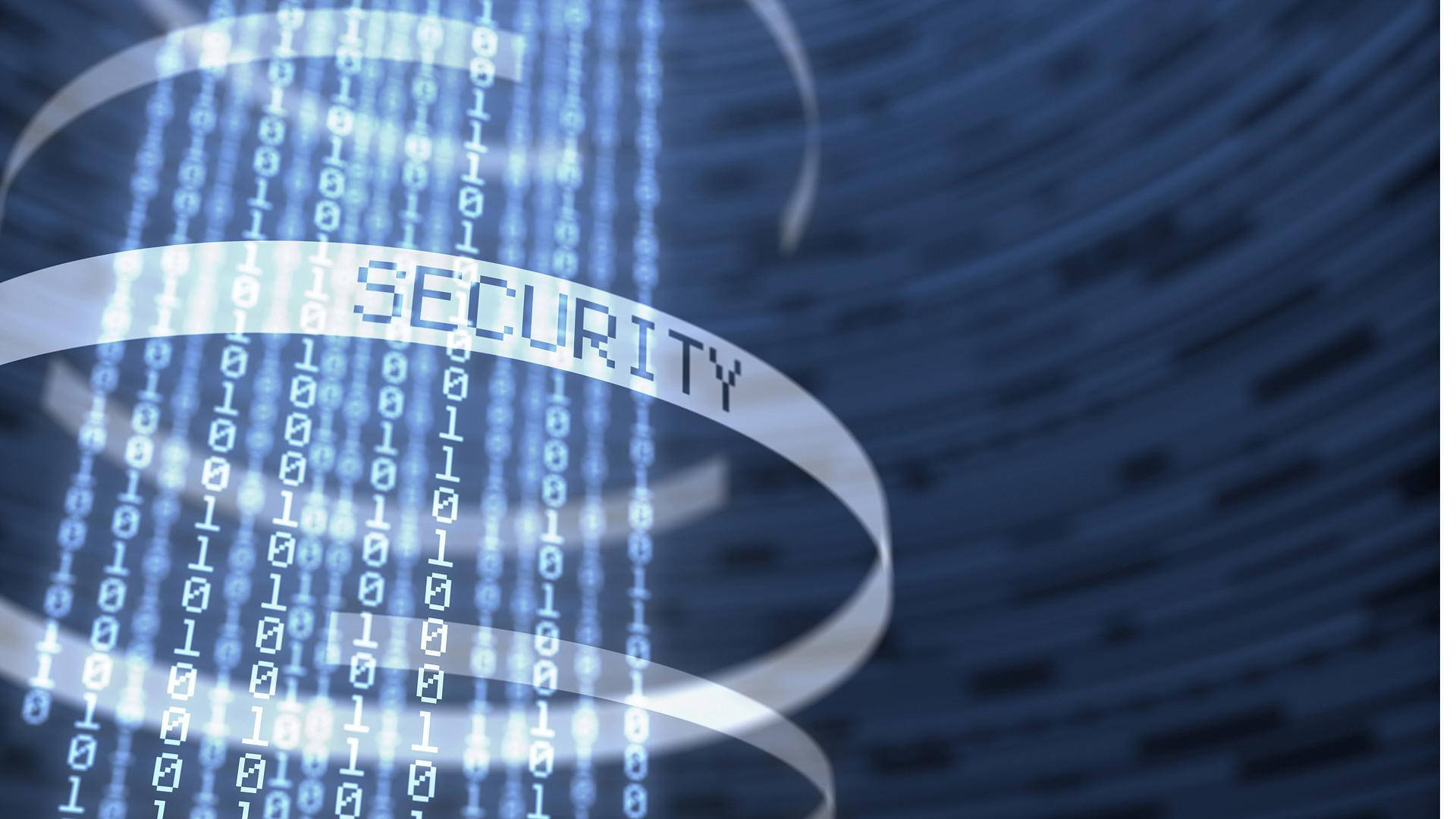 security 桌布 壁紙 — 一條發光的數位絲帶，上面有「security」字樣，在深藍色科技背景上穿過落下的二進位代碼。
