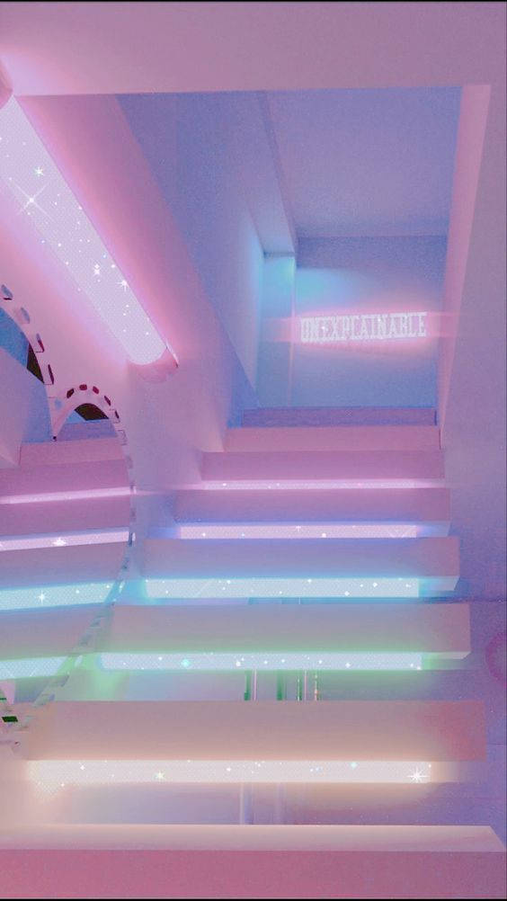 Pink Neon Aesthetic 桌布 壁紙 — 一條發光的樓梯穿過粉紅色和藍色霓虹燈照亮的走廊，上面有一個發光的標牌寫著unexplainable。