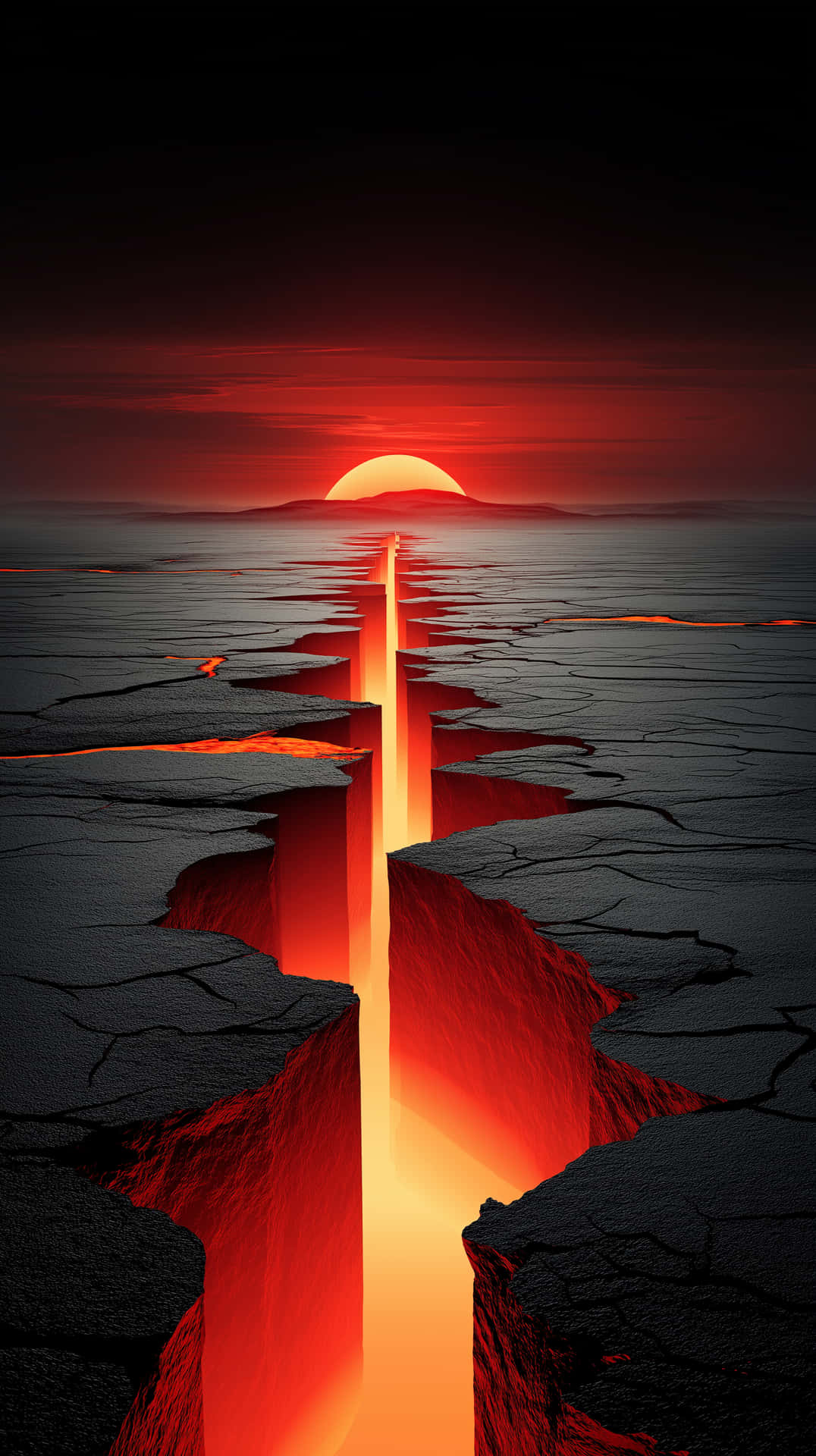 Dramatic Lava Fissure at Sunset in a Desolate Landscape 壁紙 — 一條發光的橙色熔岩河流，在紅色夕陽下流過黑暗龜裂大地中的深裂縫。