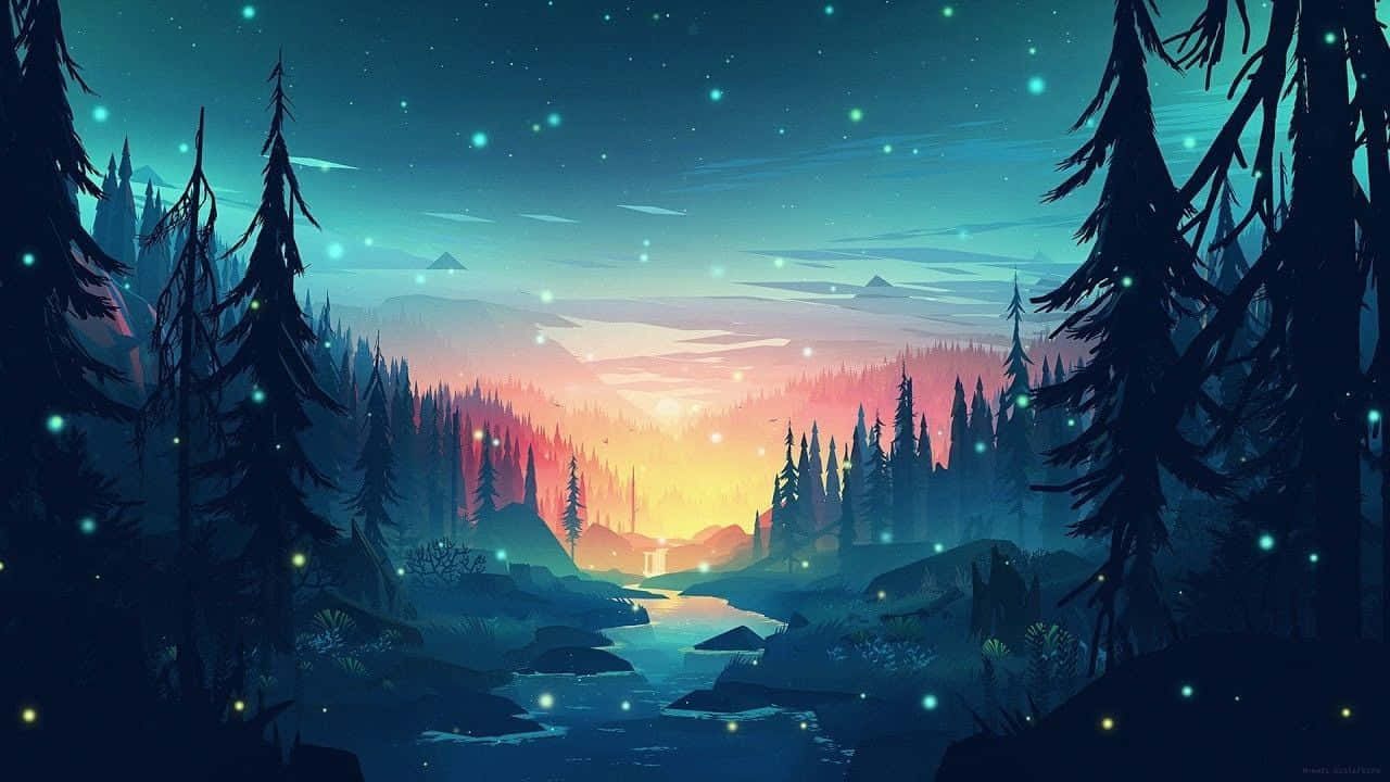 背景 桌布 壁紙 — 一條發光的河流蜿蜒穿過松樹林，在繁星點點的暮色天空下，漂浮著燈光。