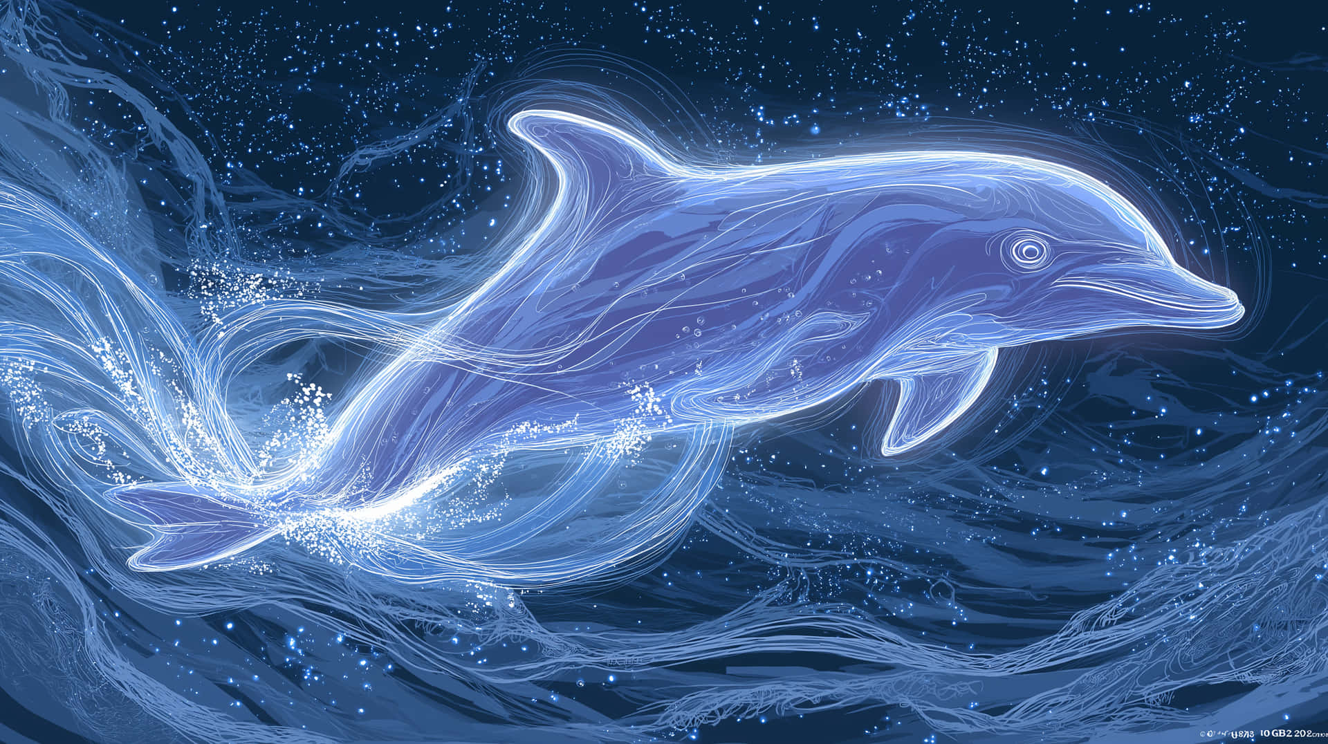Bioluminescent Dolphin Leaping Amidst Starry Night Ocean 壁紙 — 一條發光的海豚在繁星點點的深藍色水中滑行，周圍有發光的軌跡和閃爍的粒子旋轉。