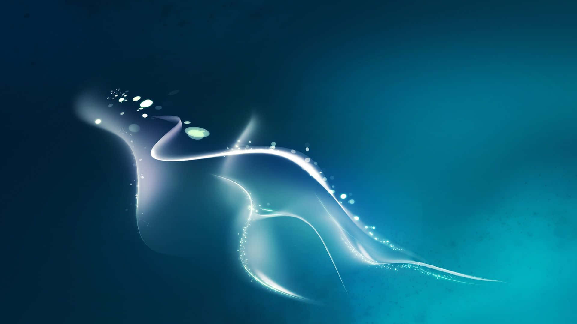 Minimalist Abstract 桌布 壁紙 — 一條發光的白色光帶優雅地流過深藍色漸變背景，後面有閃爍的粒子。