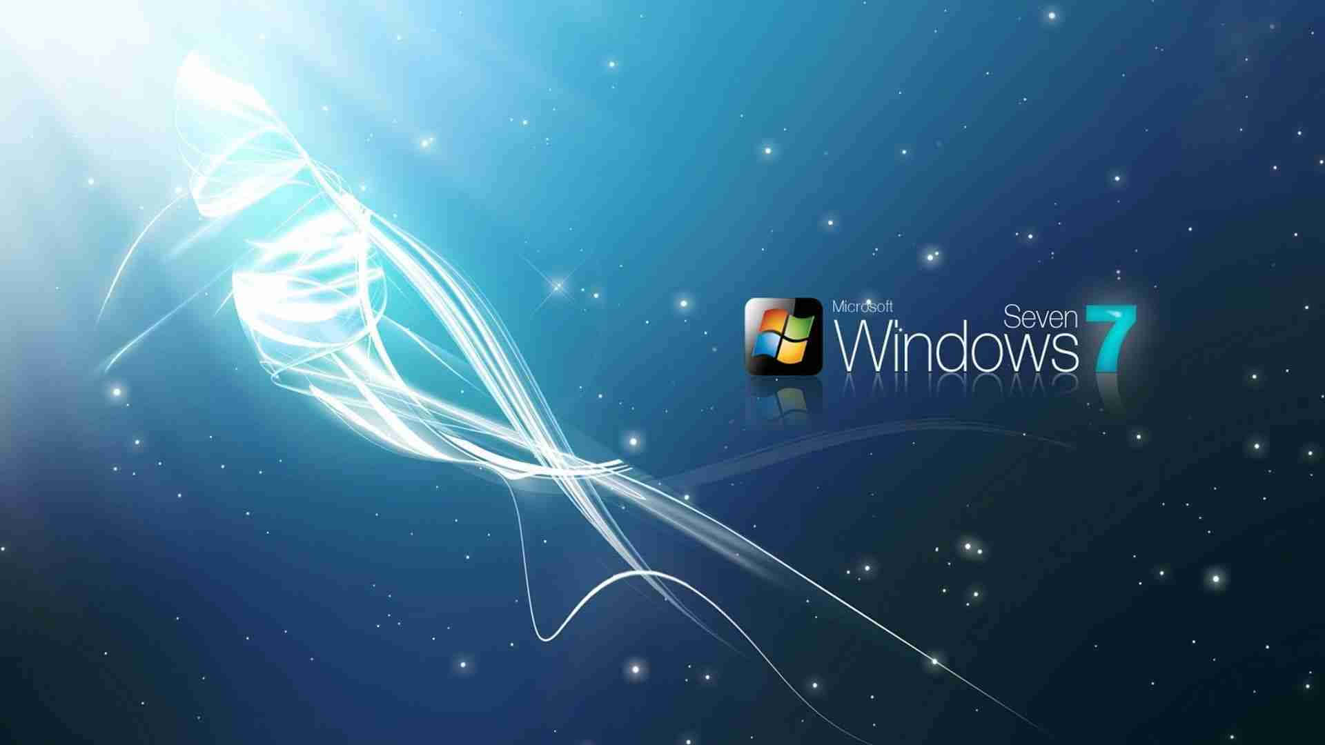 Windows 7 桌布 壁紙 — 一條發光的白色抽象絲帶在帶有 Windows 7 標誌的星空藍色漸變背景上旋轉。
