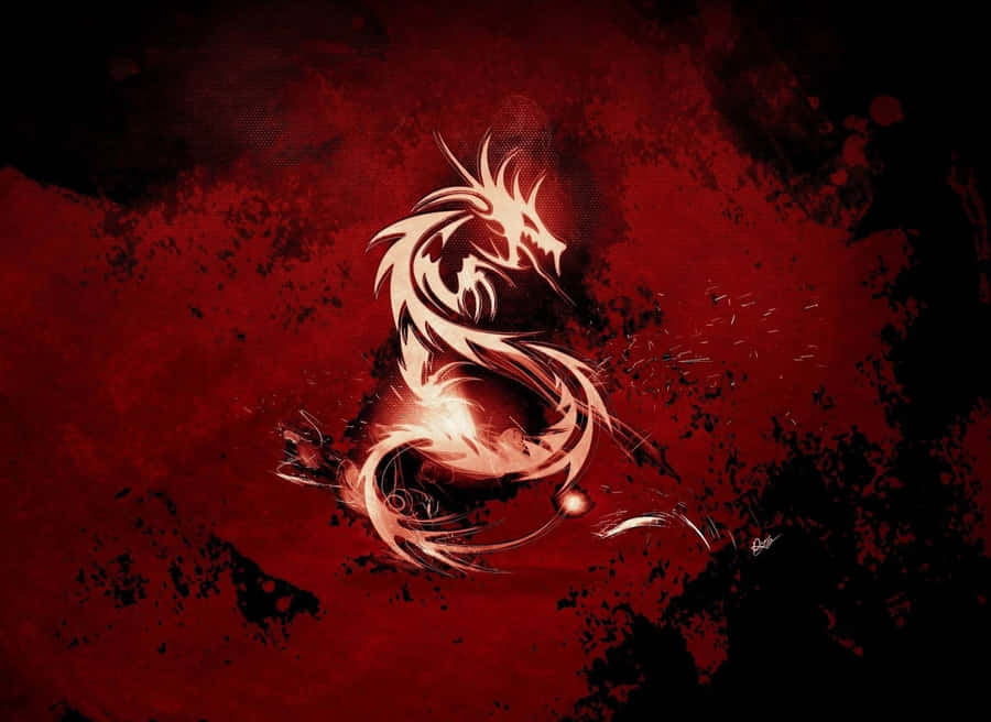 S 桌布 壁紙 — 一條發光的白色龍在帶有飛濺效果的紋理紅黑背景上動態纏繞。