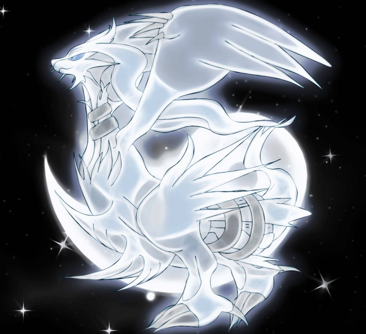 黑色 桌布 壁紙 — 一條發光的白龍，擁有發光的藍色眼睛和星空背景，纏繞著滿月。