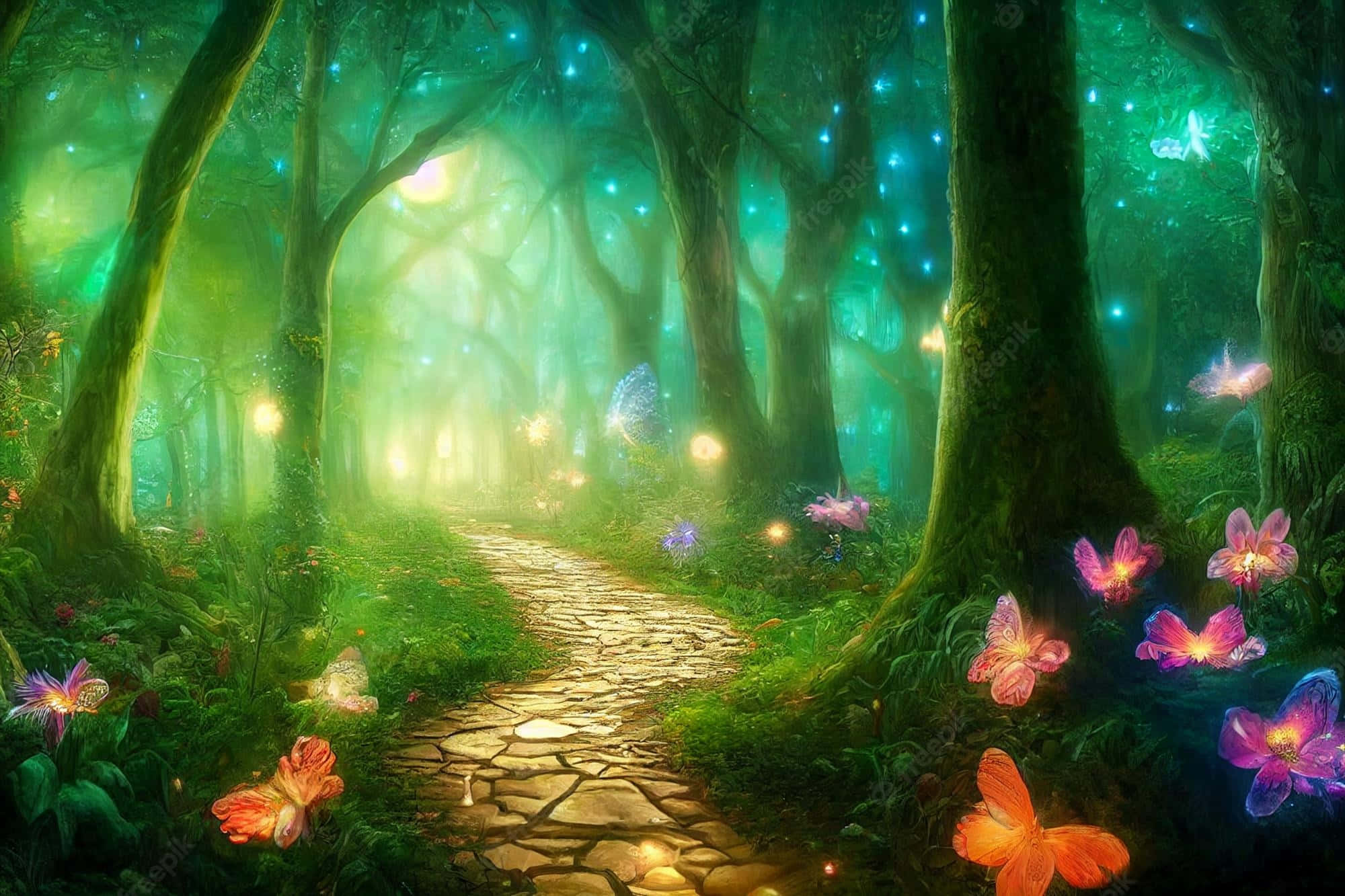 Path 桌布 壁紙 — 一條發光的石徑蜿蜒穿過神秘森林，森林中有生物發光的花朵和蝴蝶，上方是繁星點點的天幕。