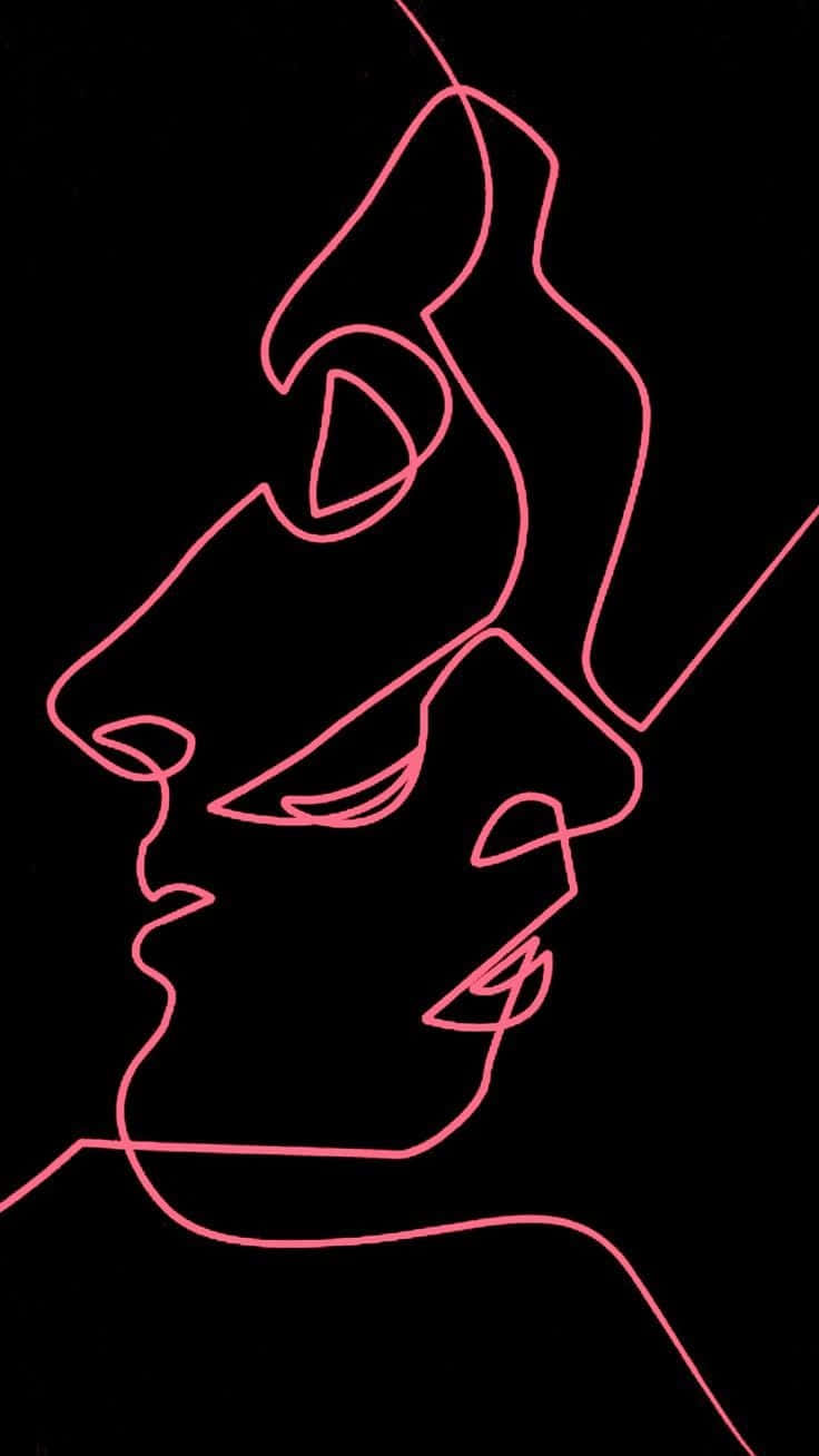 faces 桌布 壁紙 — 一條發光的粉紅色線條在純黑色背景上巧妙地勾勒出人臉的側面輪廓。
