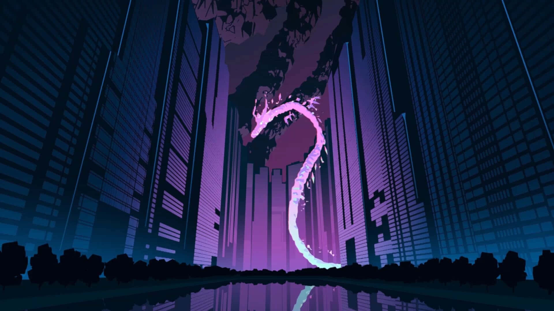 Anime Zoom 桌布 壁紙 — 一條發光的粉紅色龍在霓虹燈照亮的賽博龐克城市景觀中翱翔，下方是高聳的摩天大樓和反射的水面。