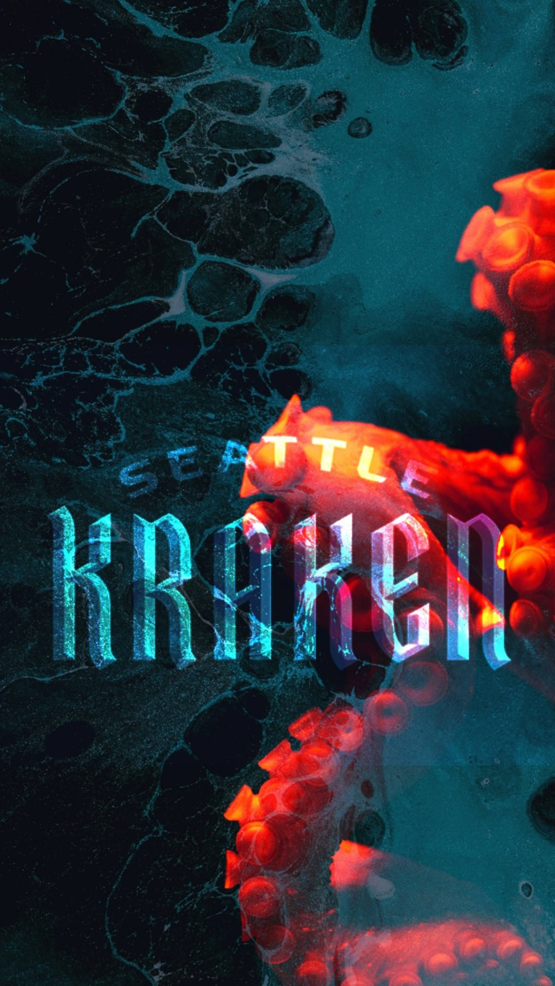 Kraken 桌布 壁紙 — 一條發光的紅色克拉肯觸手從深藍綠色水中浮現，並帶有風格化的藍色字體「Seattle Kraken」字樣。