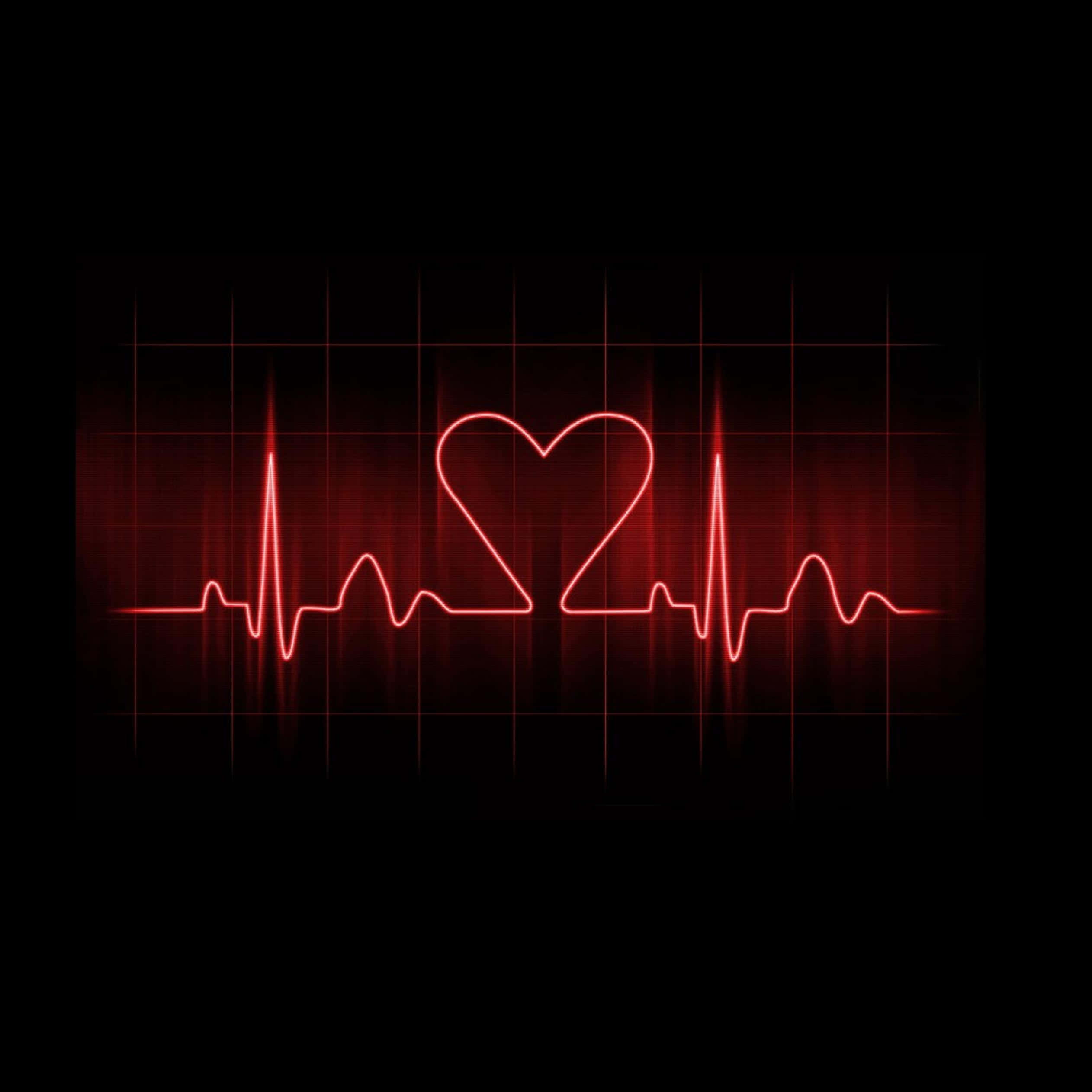 Dark Love 桌布 壁紙 — 一條發光的紅色心形心電圖線條在深色網格背景上跳動，象徵生命與活力。