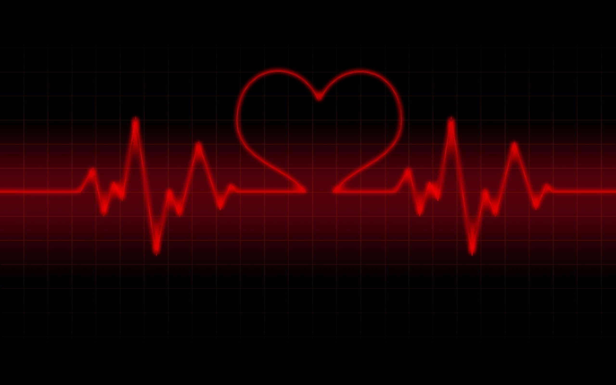 Heart Rate 桌布 壁紙 — 一條發光的紅色心跳線在黑暗的網格背景上形成心形。