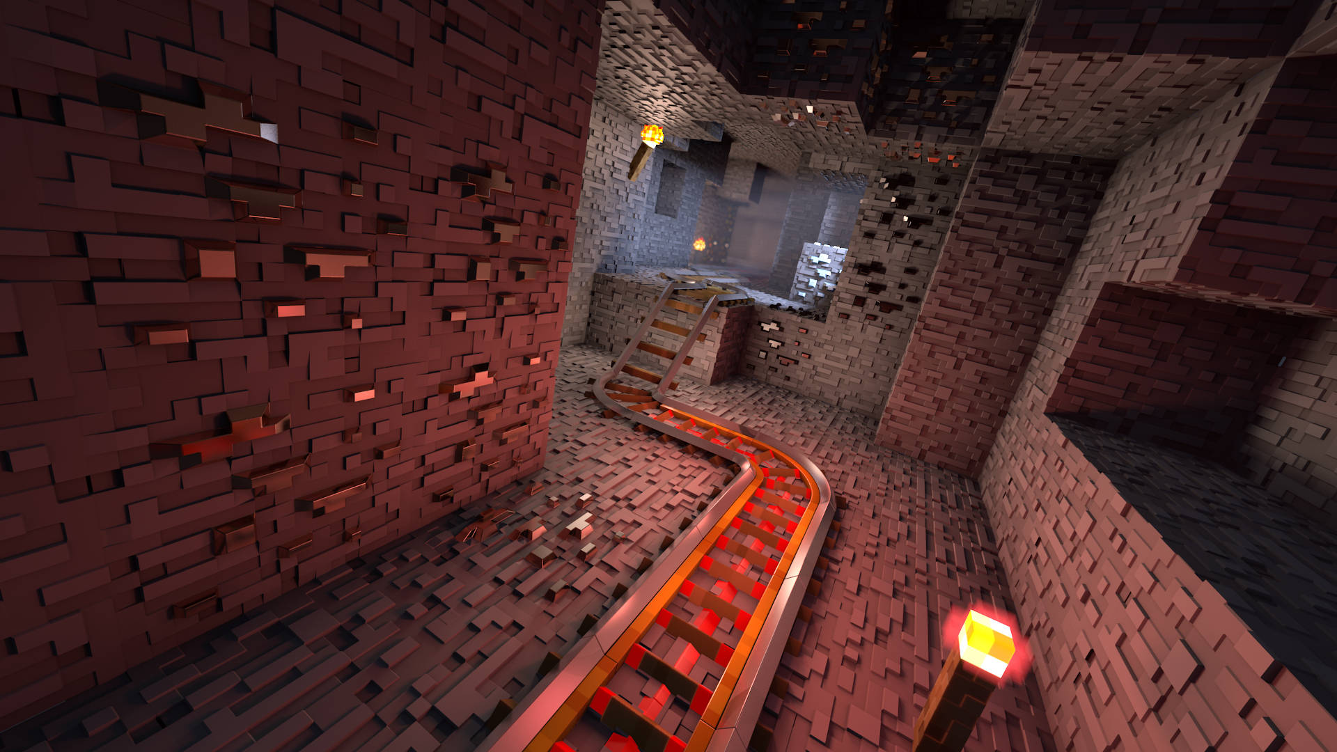  壁紙 — 一條發光的紅色礦車軌道蜿蜒穿過一個光線昏暗的Minecraft地下隧道，隧道有磚牆和火把。