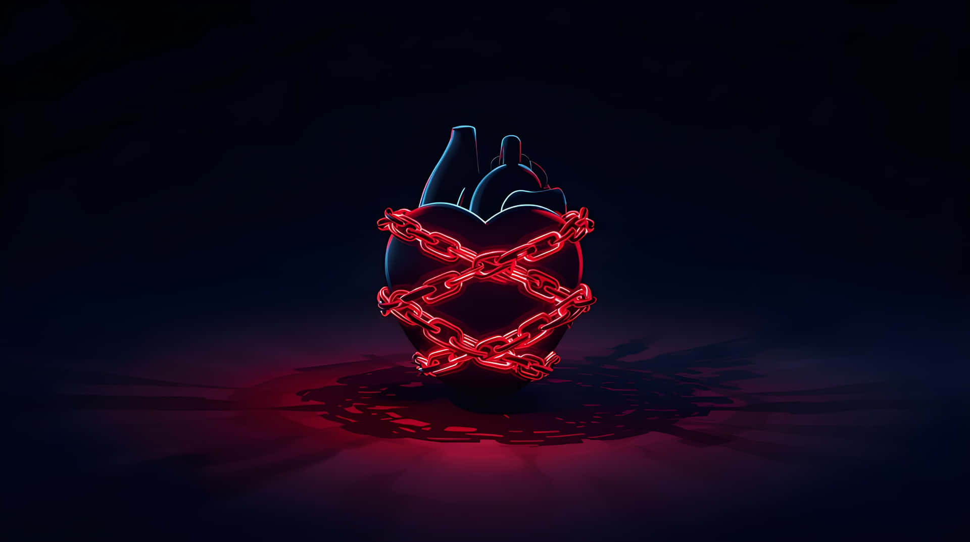 Suspended Heart in Dark Background with Red Glowing Bonds Wallpaper 壁紙 — 一條發光的紅色霓虹鏈條將一顆深色解剖心臟束縛在深藍色背景上，投射出深紅色的陰影。