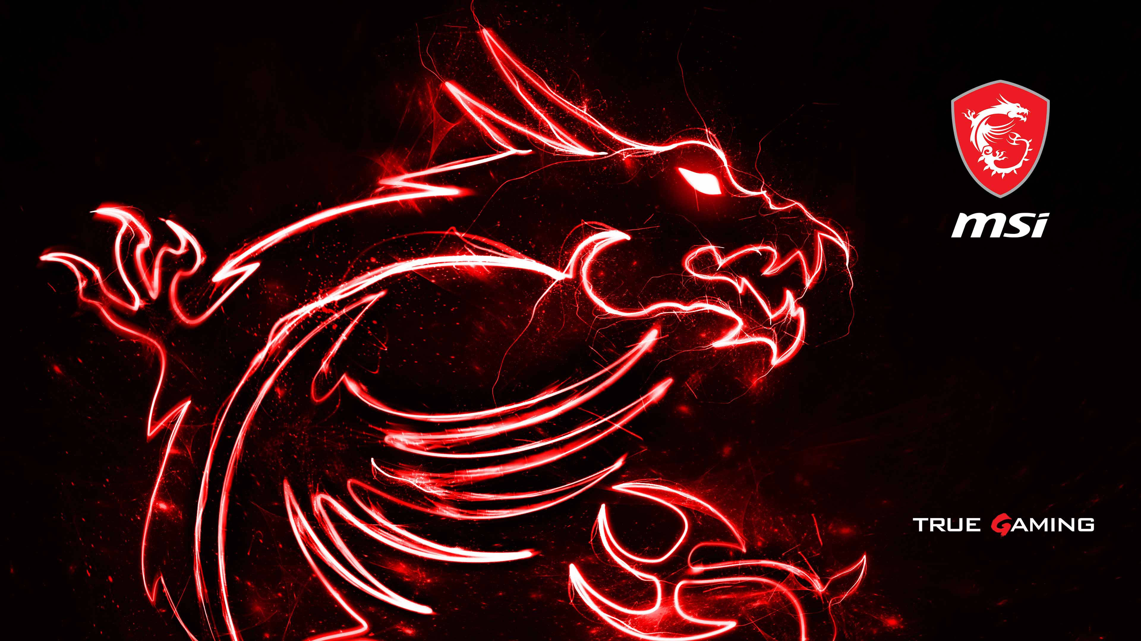 MSI 4K 桌布 壁紙 — 一條發光的紅色龍，以電能勾勒出輪廓，襯托黑色背景，並帶有MSI True Gaming標誌。