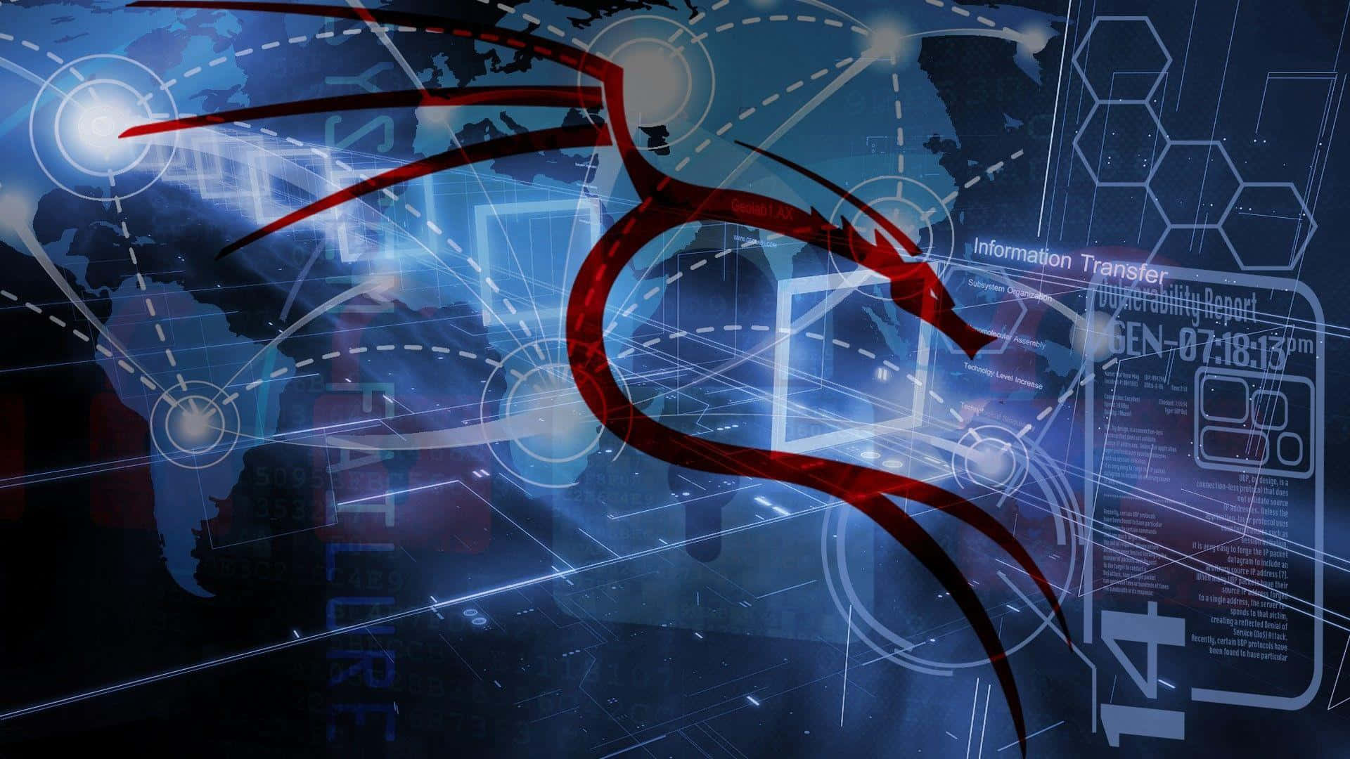 Kali Linux 桌布 壁紙 — 一條發光的紅龍覆蓋著一個帶有數據流和漏洞報告的數位世界地圖，背景是賽博龐克風格。