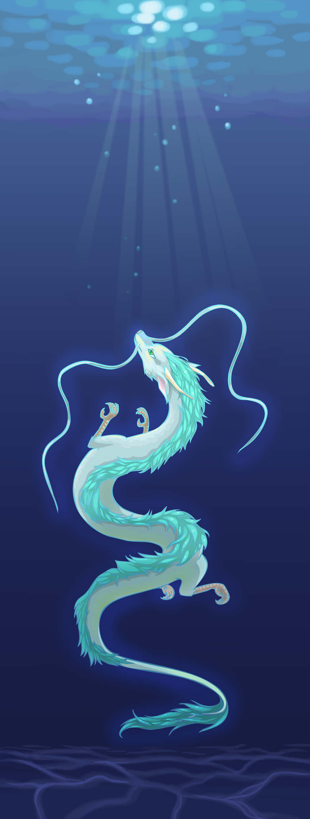Haku Spirited Away Phone 桌布 壁紙 — 一條發光的綠松石龍在水下優雅地游動，陽光穿透上方深藍色的海洋。