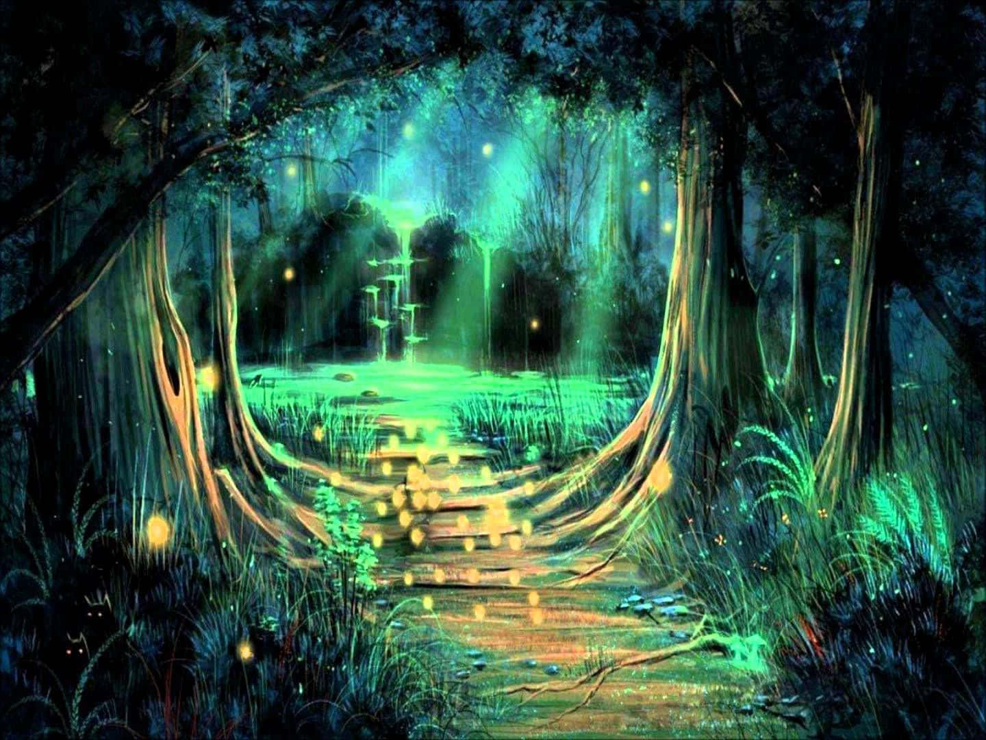 Fairy Forest 桌布 壁紙 — 一條發光的綠色小徑蜿蜒穿過神秘的夜間森林，由漂浮的螢火蟲和空靈的光束照亮。