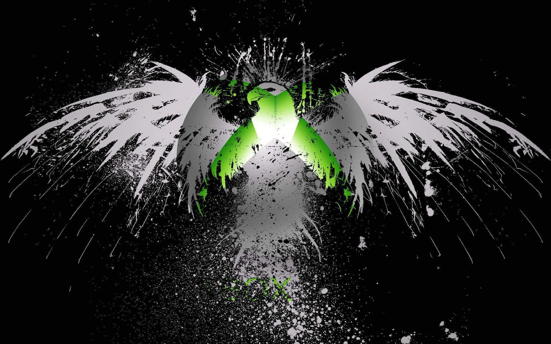 Xbox 桌布 壁紙 — 一條發光的綠色絲帶帶有白色翅膀，從黑色背景中以動態飛濺效果爆發出來。