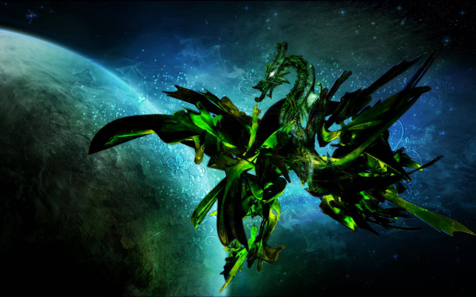 Green Dragon 桌布 壁紙 — 一條發光的綠色龍在星空下於藍色行星旁翱翔太空。