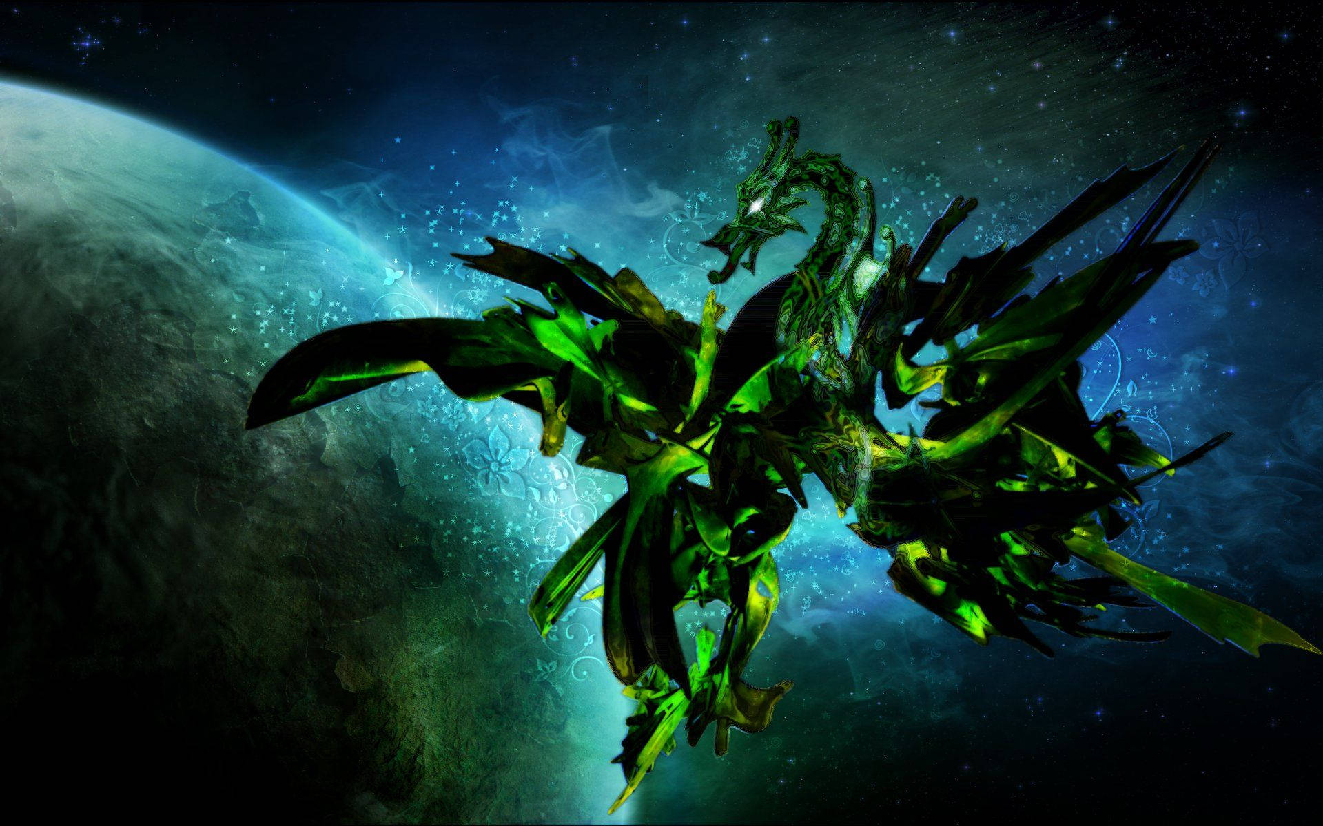 Earth Dragon 桌布 壁紙 — 一條發光的綠色龍在星空翱翔，旁邊是一顆帶有旋轉星雲的藍色行星。
