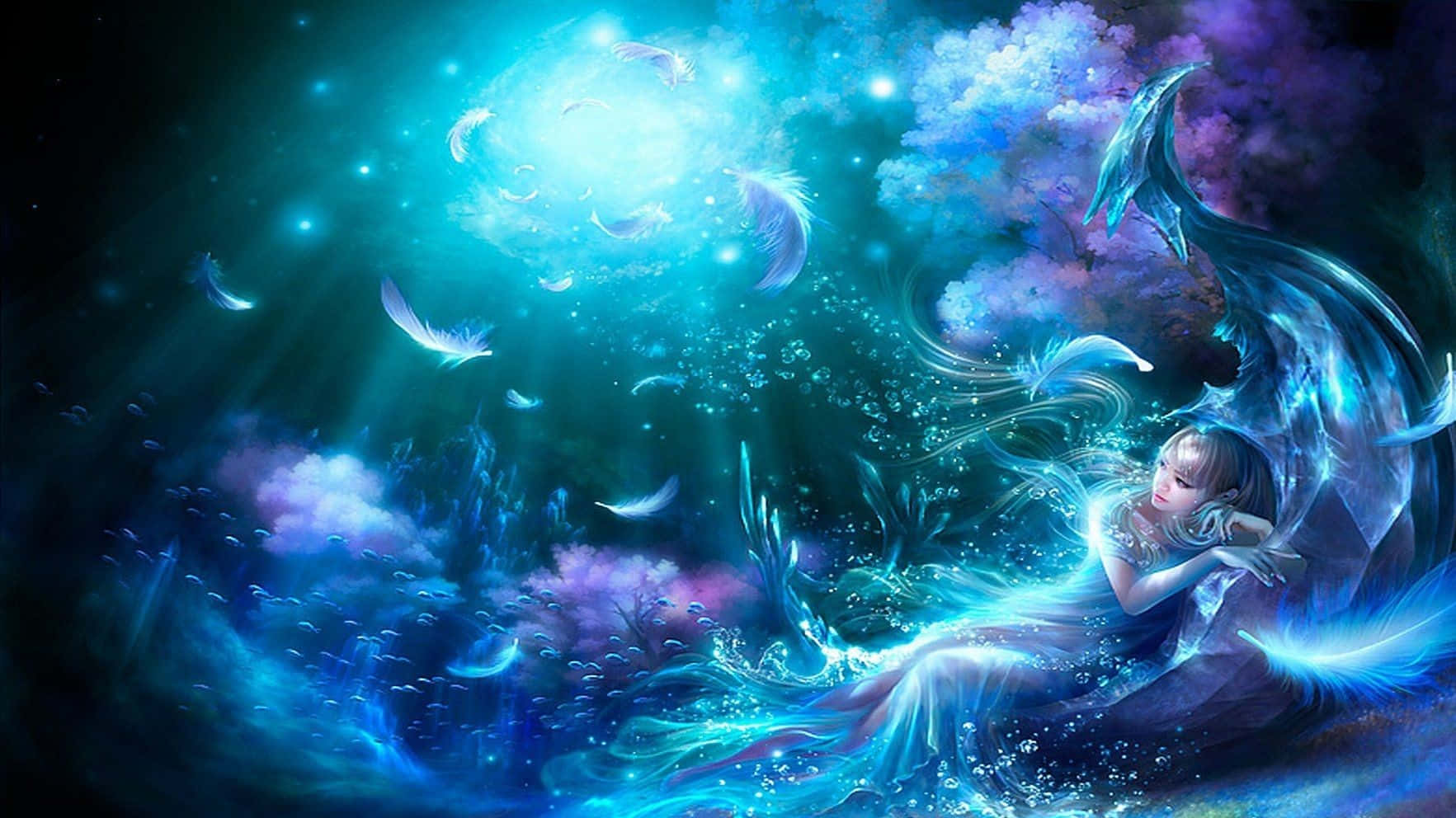 背景 桌布 壁紙 — 一條發光的美人魚，擁有流動的藍色頭髮和尾巴，在一個神秘的水下領域中休息，該領域閃爍著空靈的光芒和漂浮的羽毛。