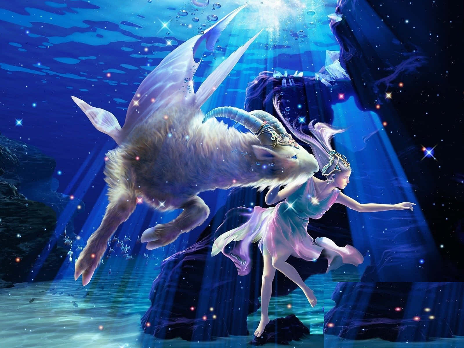 摩羯座 桌布 壁紙 — 一條發光的美人魚和一隻雄偉的山羊頭生物在星光燦爛的水下洞穴中一起游泳，沐浴在藍光之中。