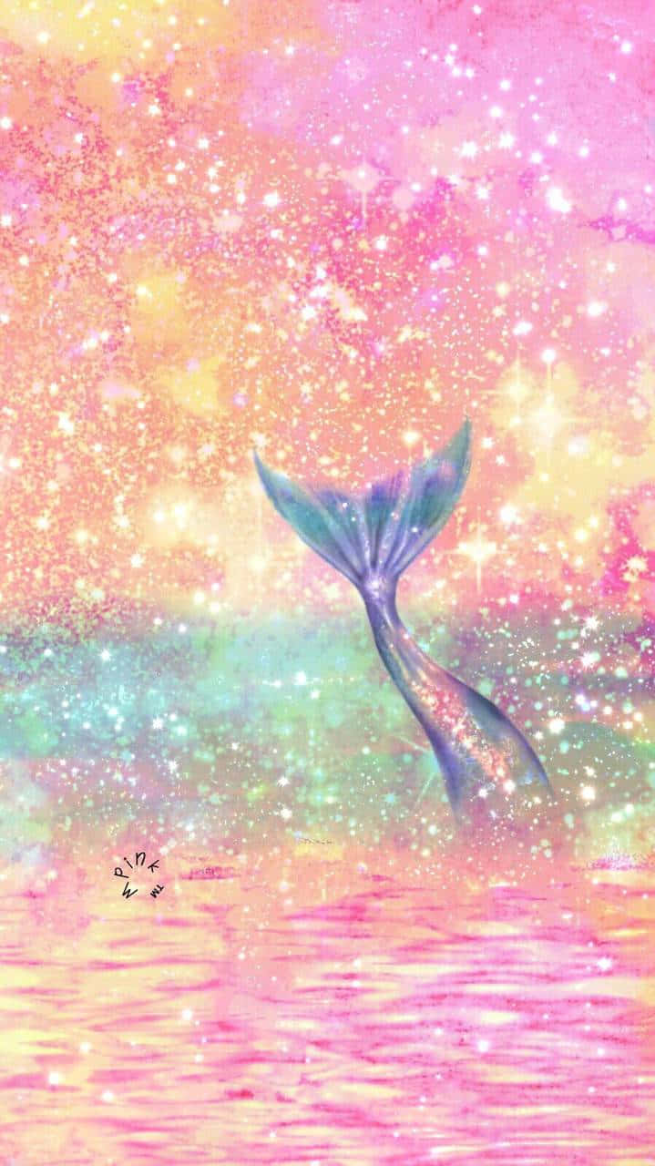 圖案 桌布 壁紙 — 一條發光的美人魚尾巴從閃爍的粉紅色和金色水中浮現，背景是夢幻的星空。