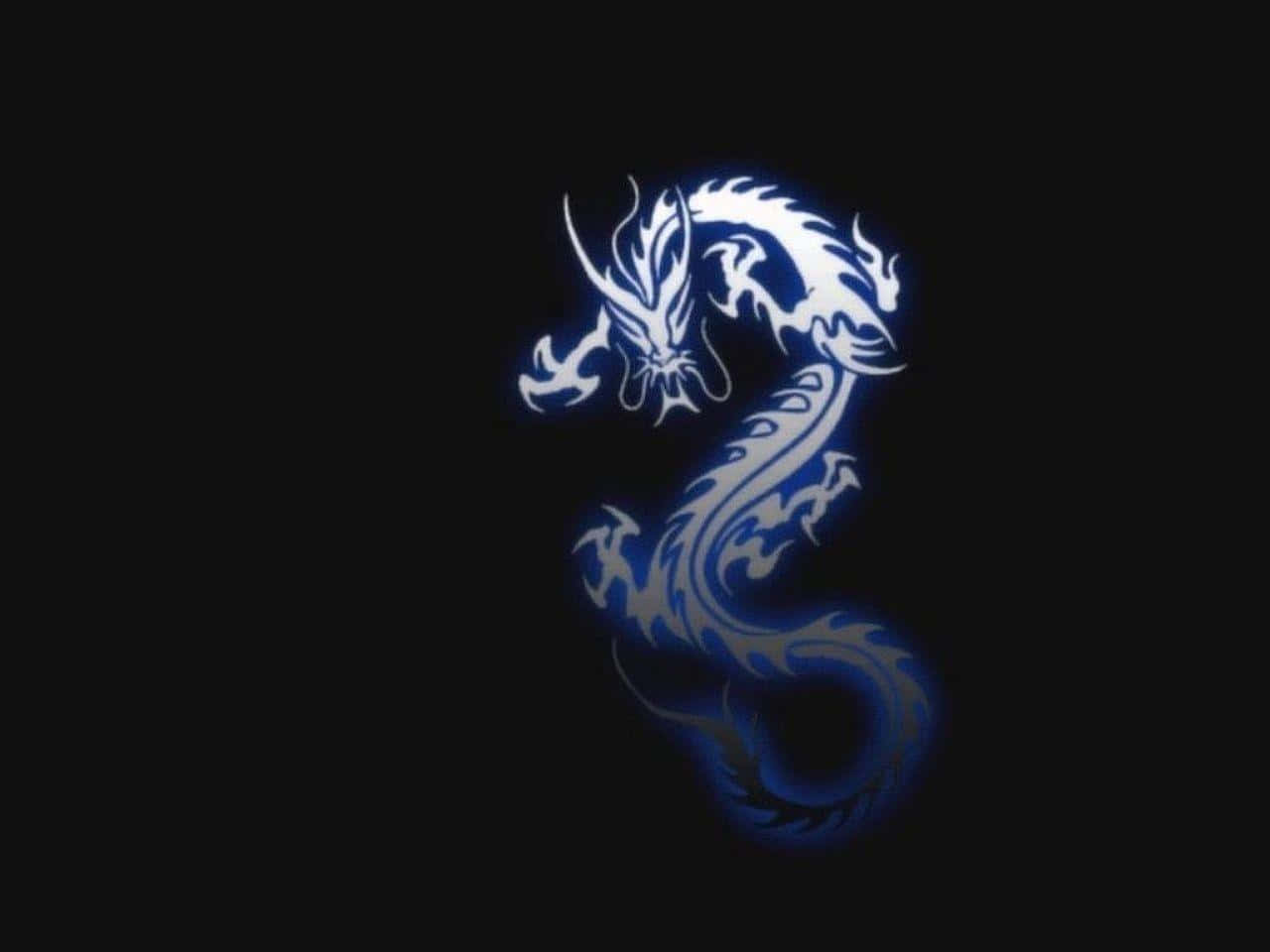 Dragon Profile 桌布 壁紙 — 一條發光的藍白風格化龍盤繞在黑色背景上，帶有輻射光效。
