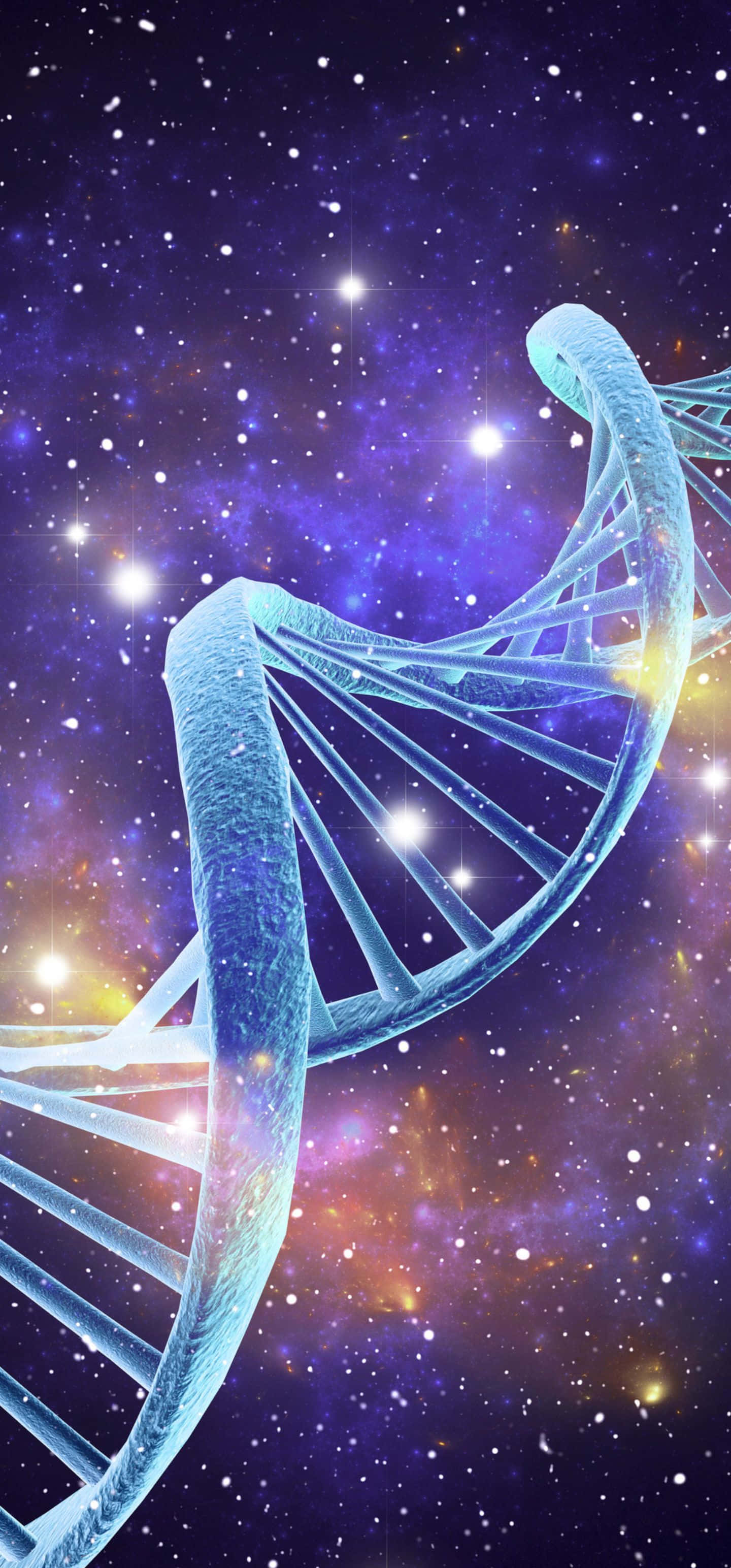 1440x3088 桌布 壁紙 — 一條發光的藍色DNA雙螺旋在充滿星星和紫橙色雲彩的充滿活力的宇宙星雲中盤旋。