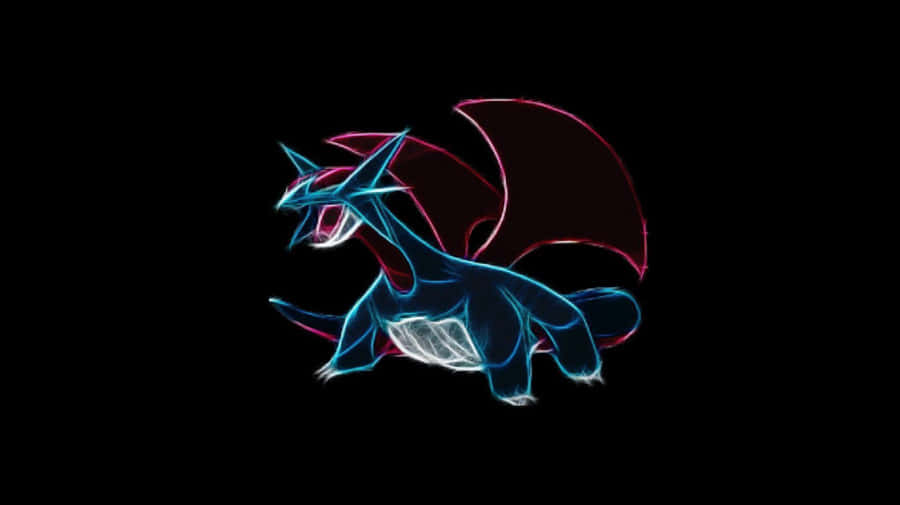 Salamence 桌布 壁紙 — 一條發光的藍色和紅色龍，以霓虹線條勾勒在黑色背景上。
