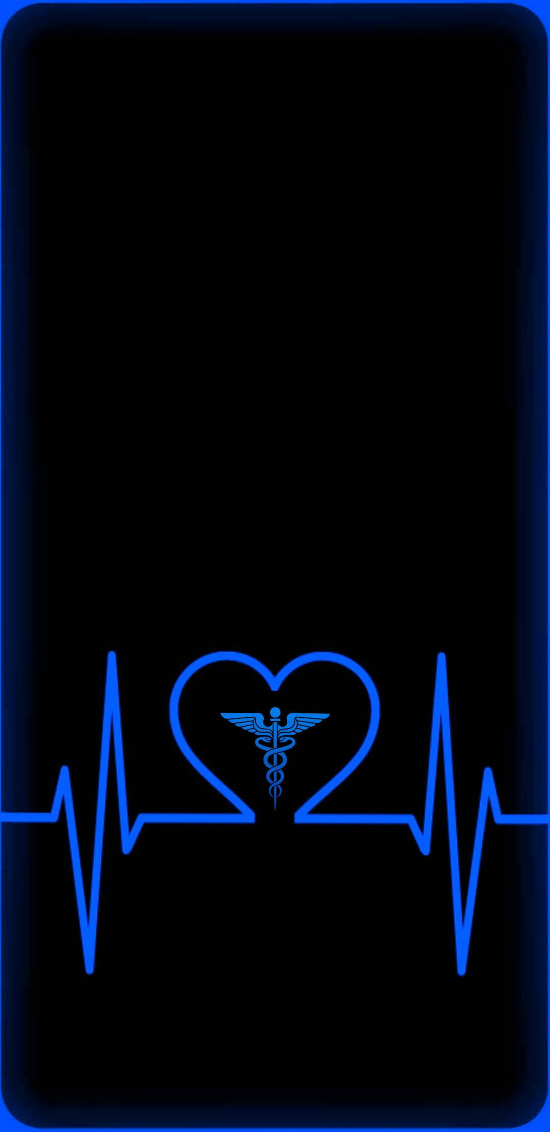 doctor symbol 桌布 壁紙 — 一條發光的藍色心跳線形成一個心形，包圍著一個醫學權杖，背景為黑色。