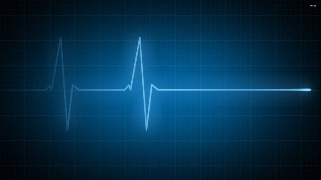 Heartbeat 桌布 壁紙 — 一條發光的藍色心電圖線在深色網格背景上脈動，逐漸變為平直線。