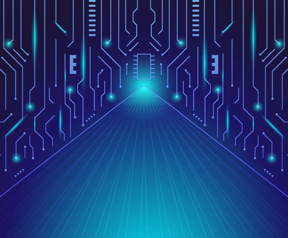 Circuit 桌布 壁紙 — 一條發光的藍色數位走廊，兩旁佈滿電路和霓虹燈，通往中央晶片。