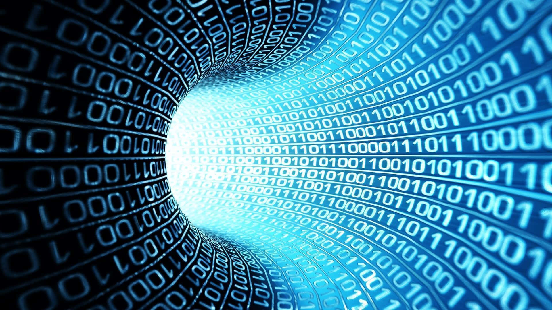 Binary 桌布 壁紙 — 一條發光的藍色數位隧道，兩旁流動的二進位代碼逐漸消失在中央的明亮白光中。